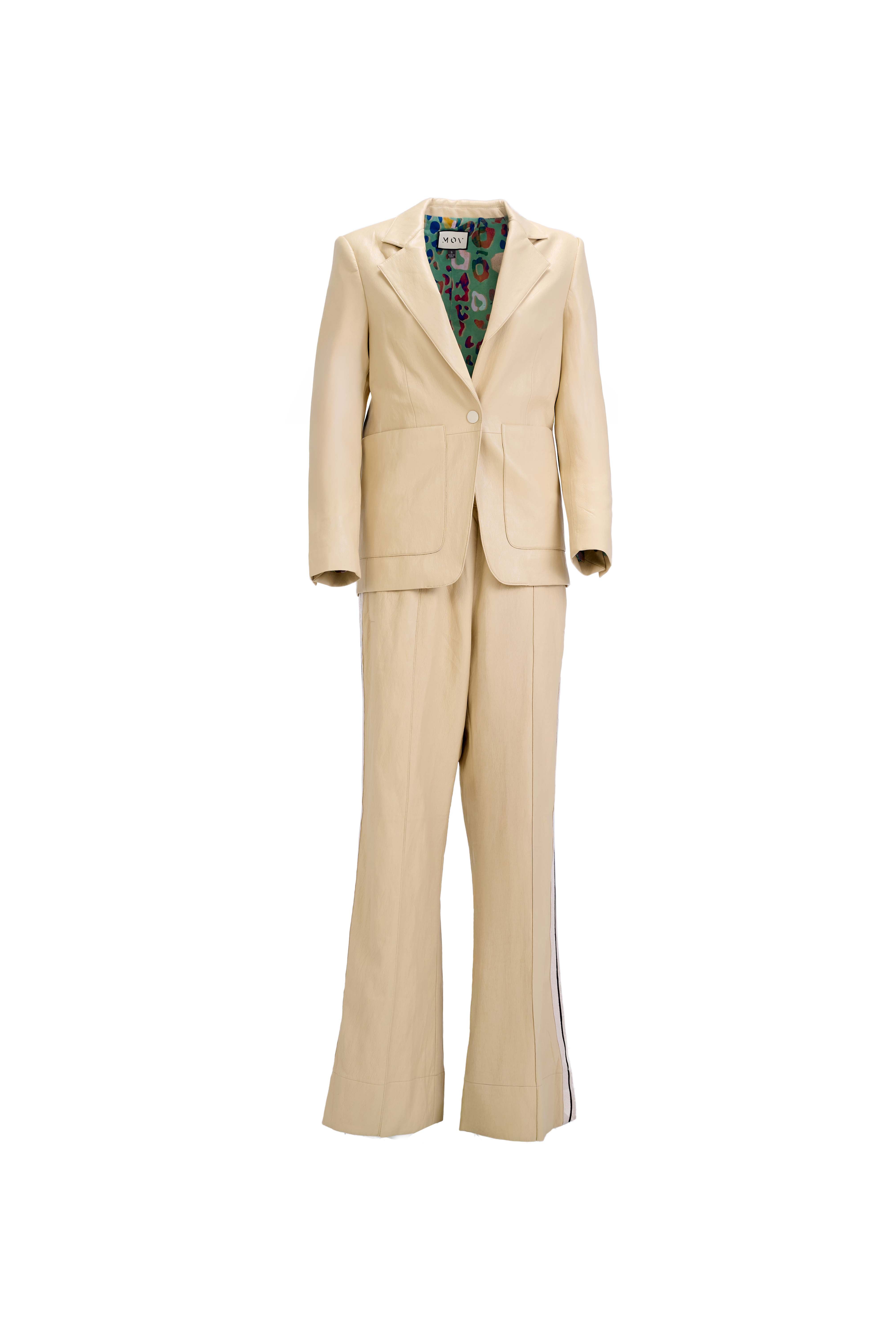 Perfect Suit Pants — Straight-Leg Vegan Leather with Side Stripes in Ivory Yellow