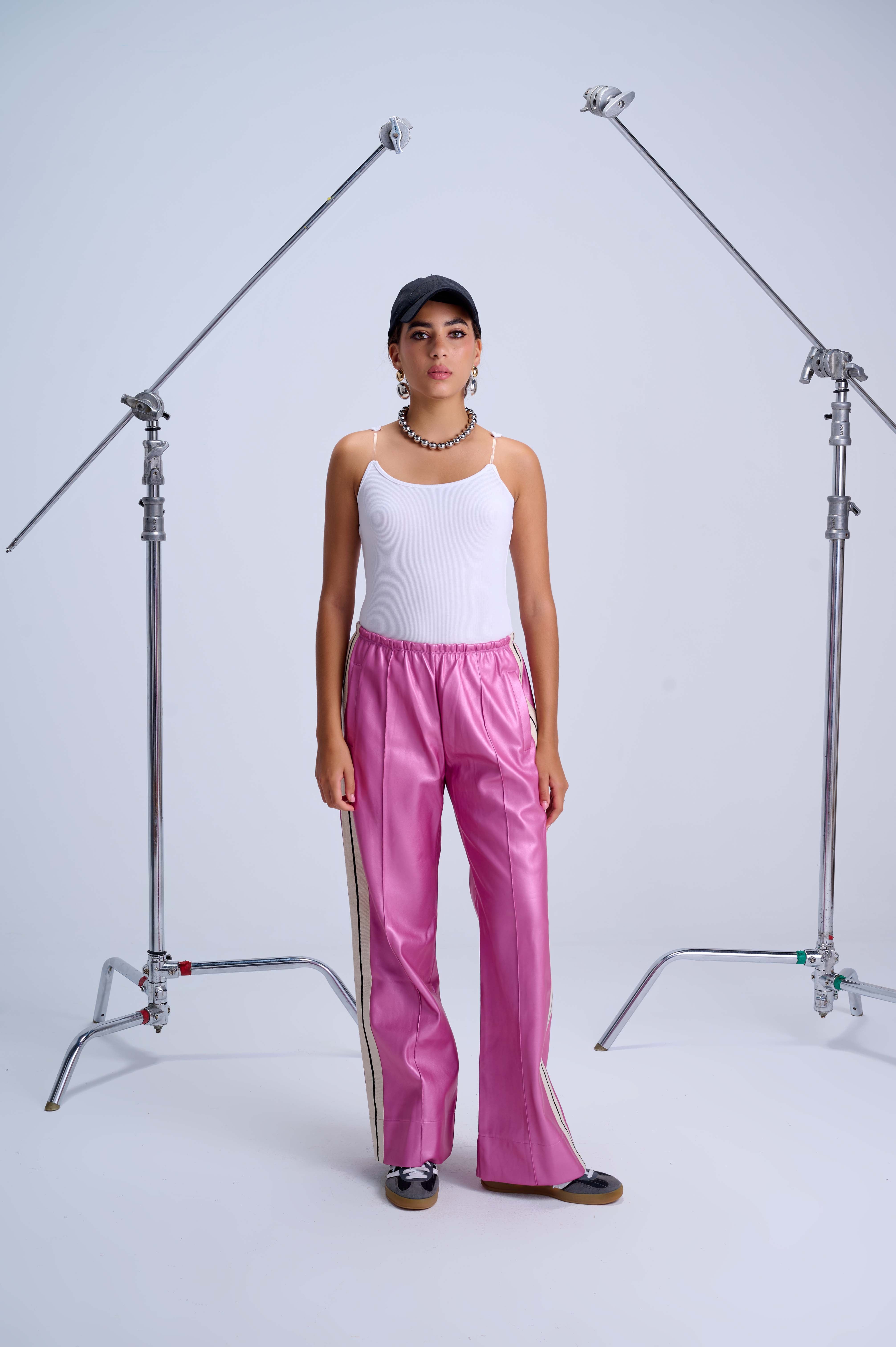 Perfect Suit Pants — Straight-Leg Vegan Leather with Side Stripes in Metallic Fushia