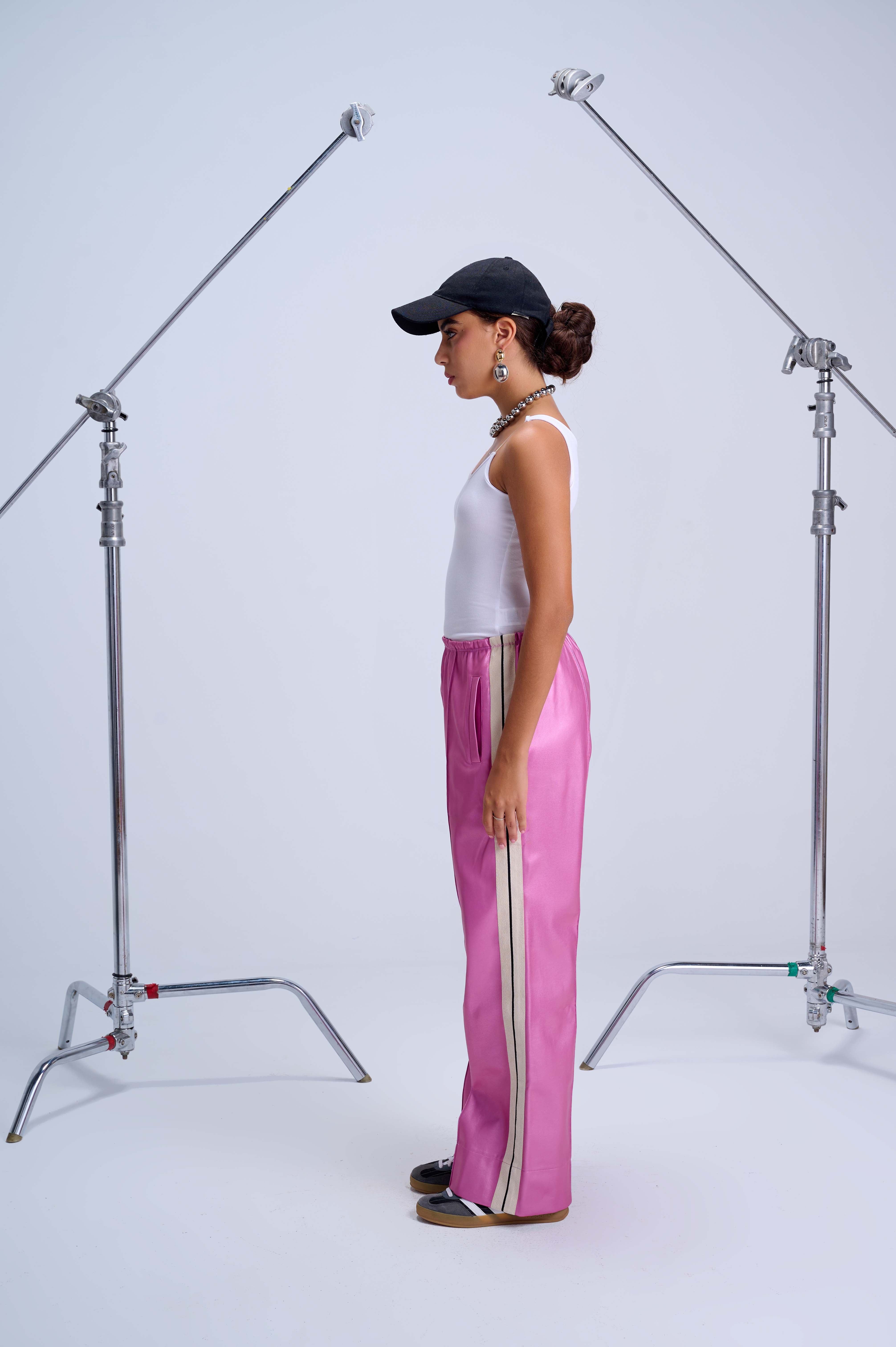 Perfect Suit Pants — Straight-Leg Vegan Leather with Side Stripes in Metallic Fushia