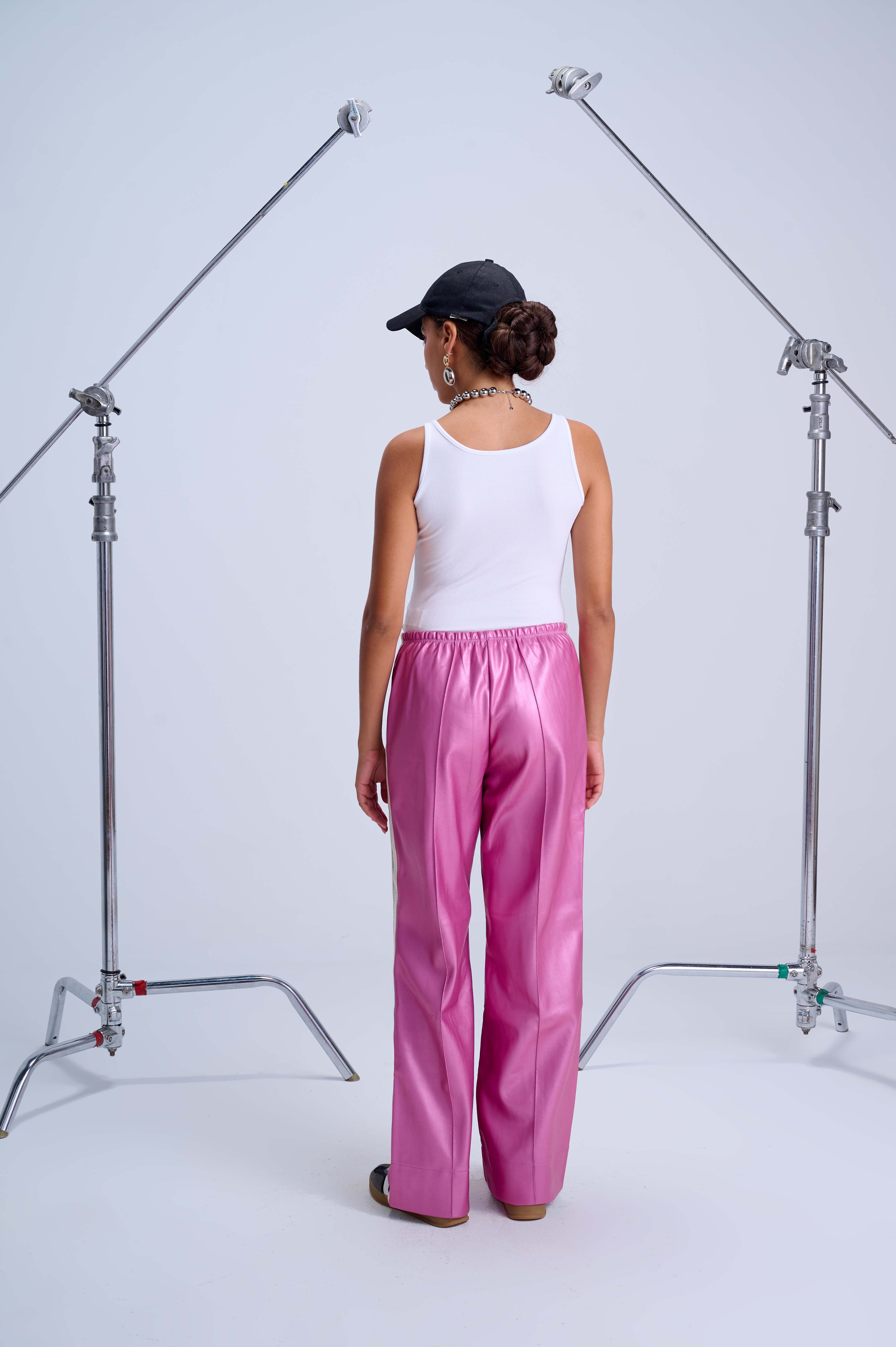 Perfect Suit Pants — Straight-Leg Vegan Leather with Side Stripes in Metallic Fushia