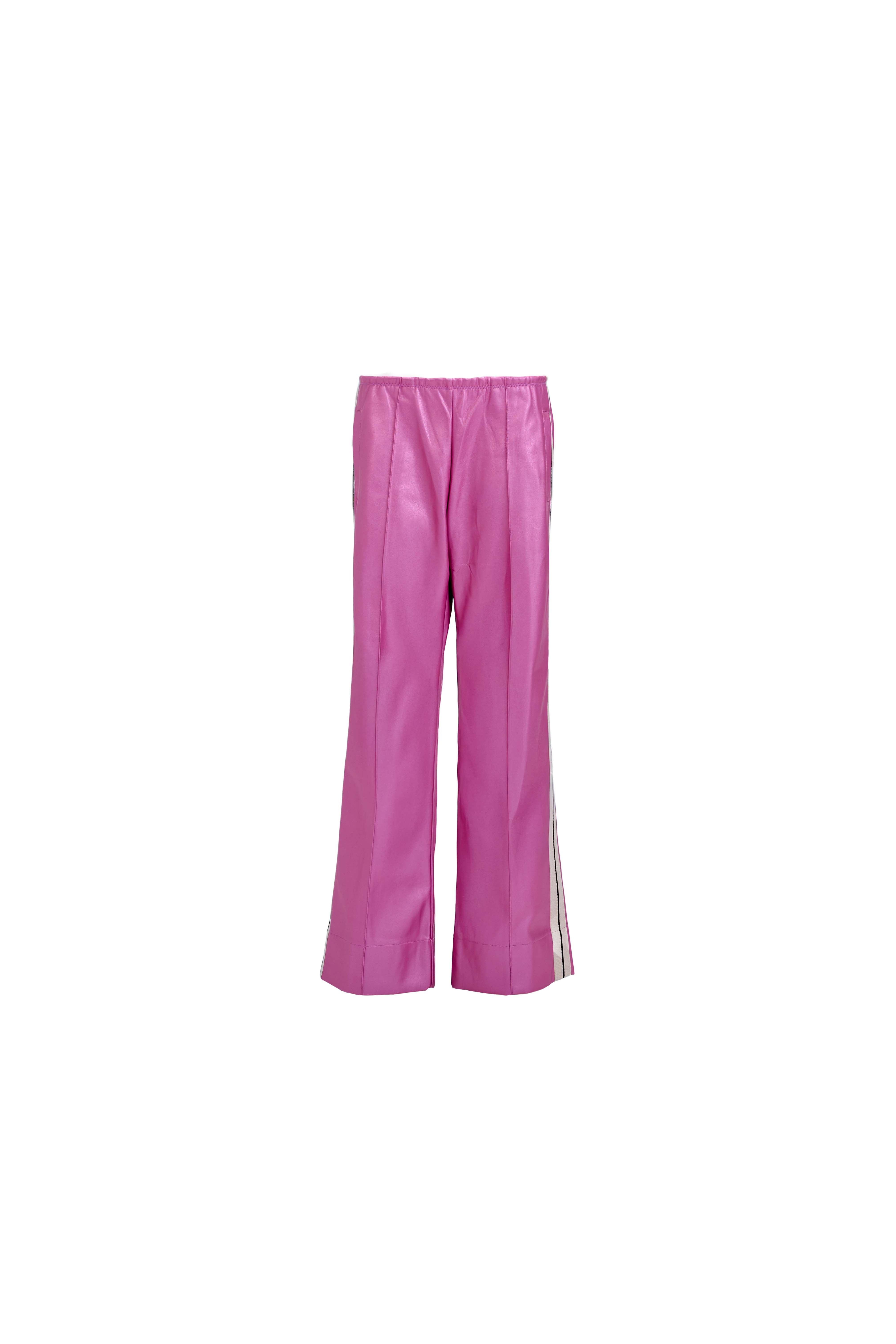 Perfect Suit Pants — Straight-Leg Vegan Leather with Side Stripes in Metallic Fushia