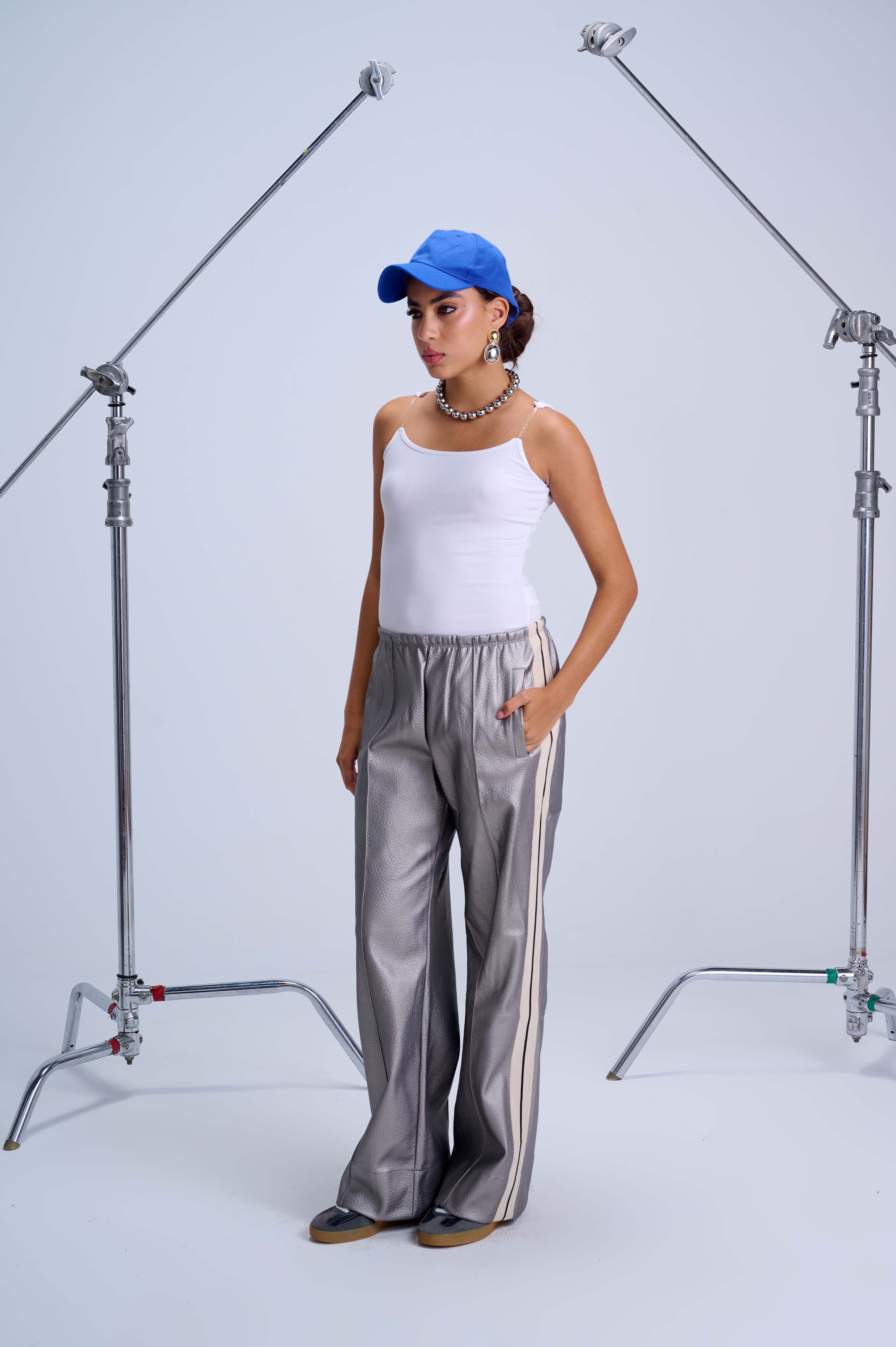 Perfect Suit Pants — Straight-Leg Vegan Leather With Side Stripes In Metallic Grey