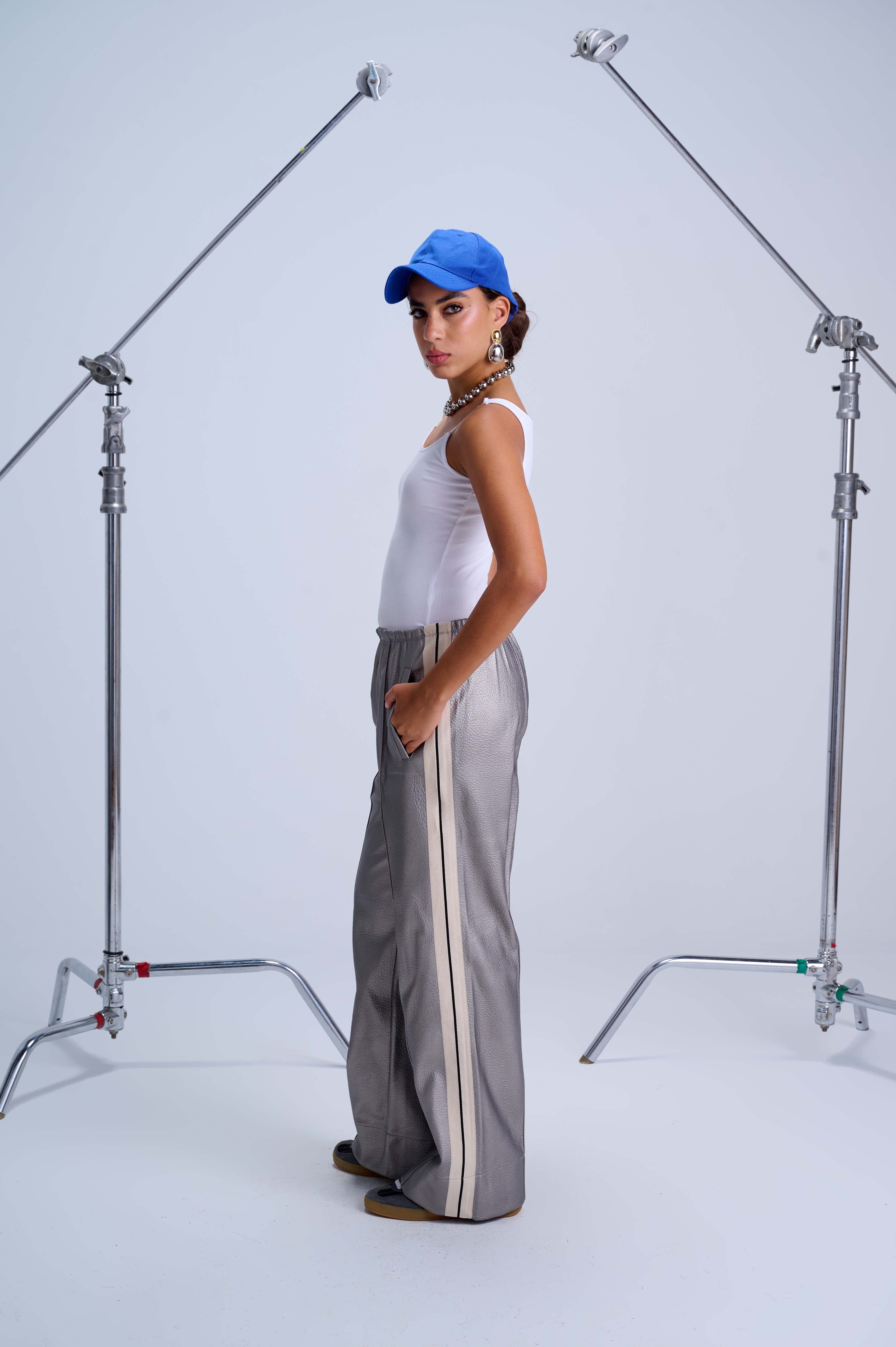 Perfect Suit Pants — Straight-Leg Vegan Leather With Side Stripes In Metallic Grey