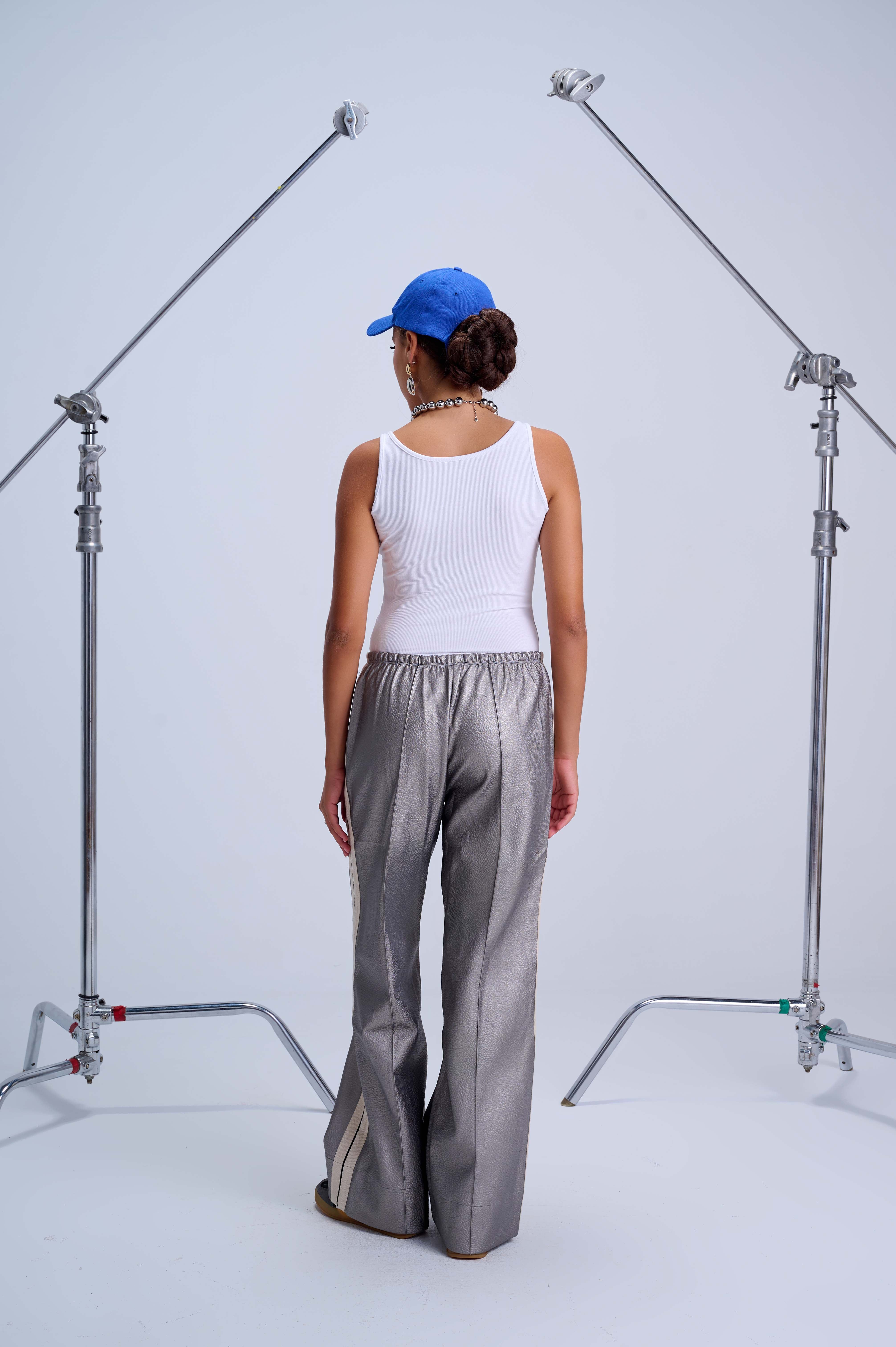 Perfect Suit Pants — Straight-Leg Vegan Leather With Side Stripes In Metallic Grey