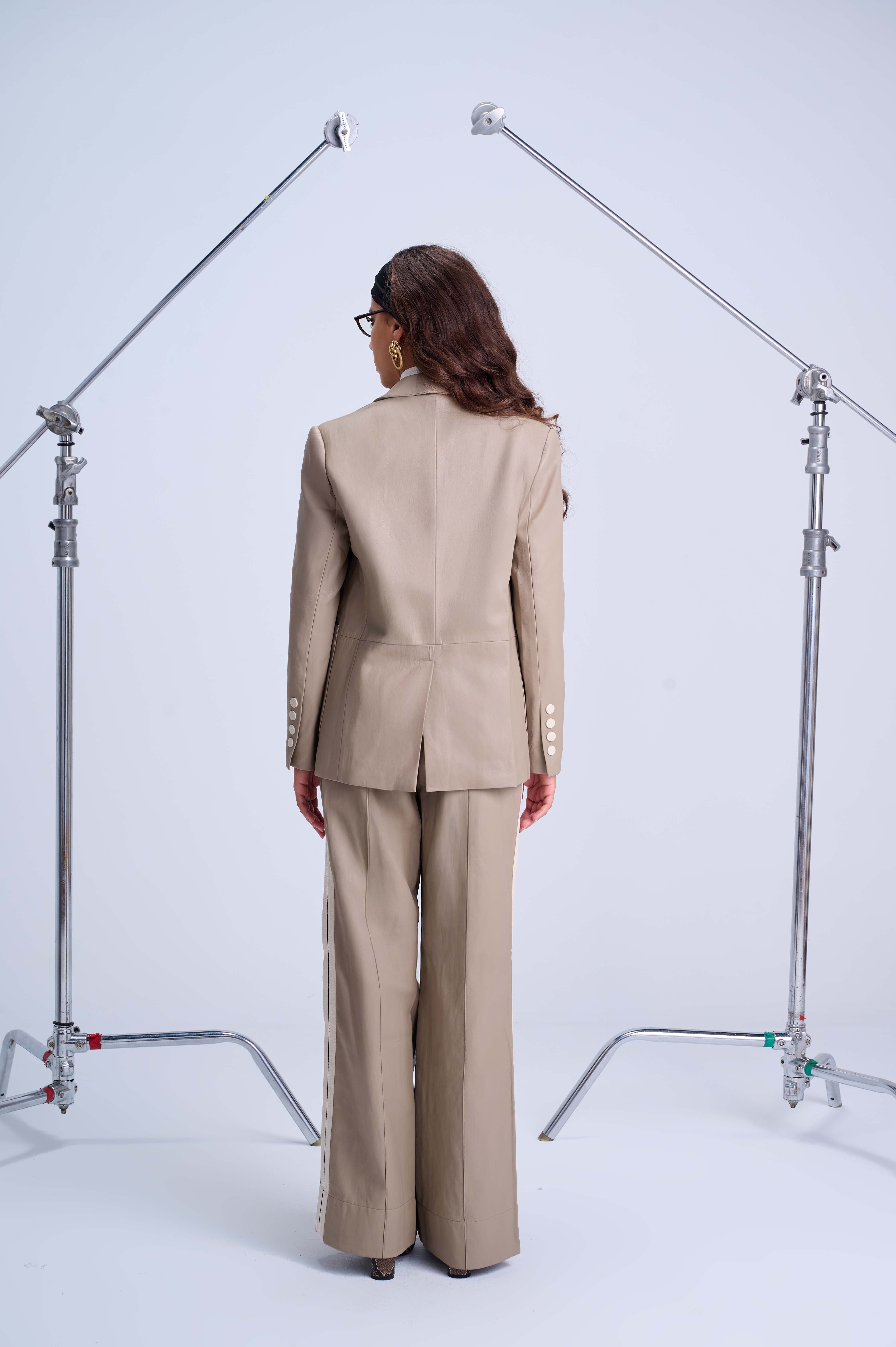Perfect Suit Pants — Straight-Leg Vegan Leather with Side Stripes in Mocha