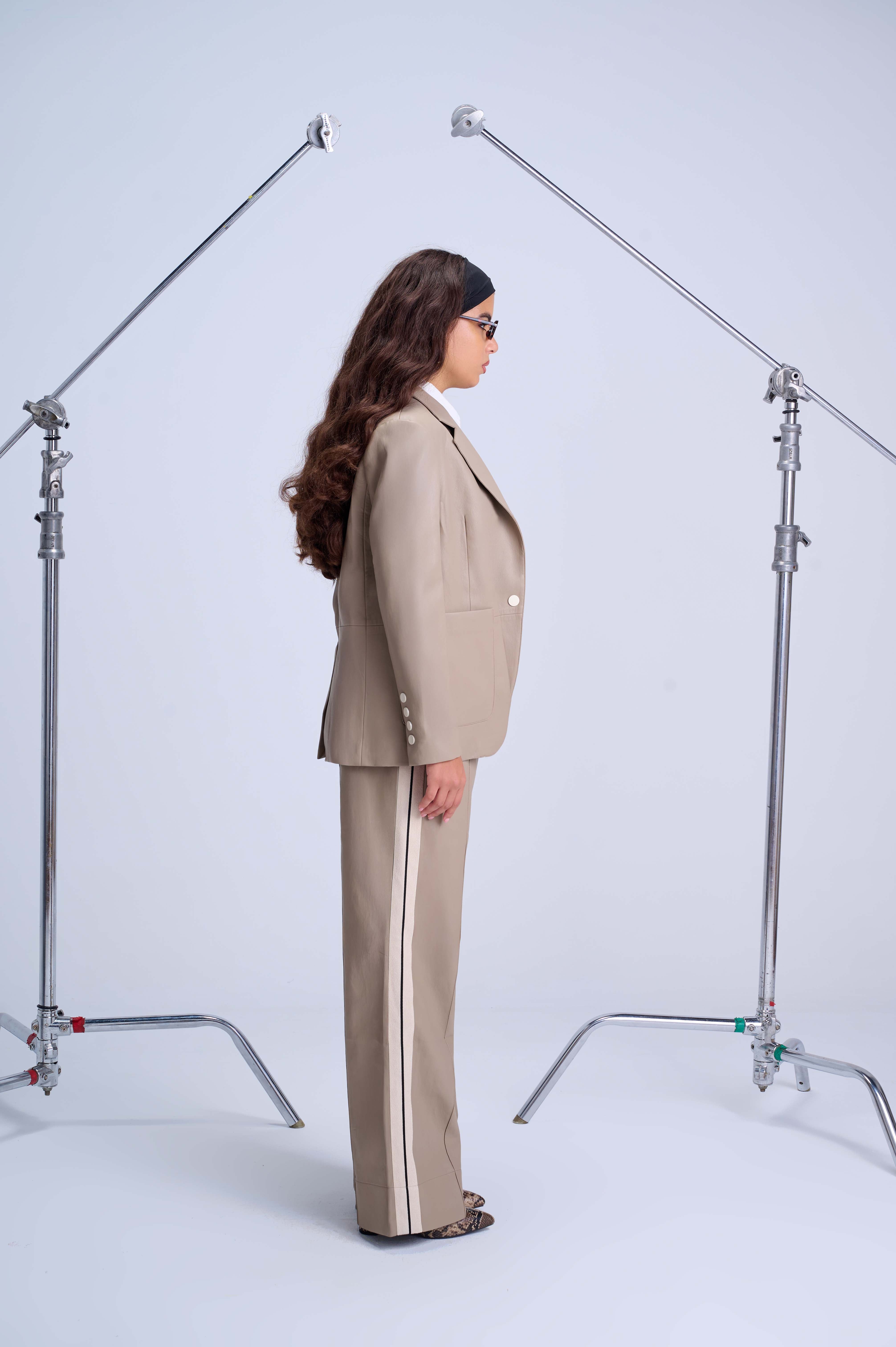 Perfect Suit Pants — Straight-Leg Vegan Leather with Side Stripes in Mocha