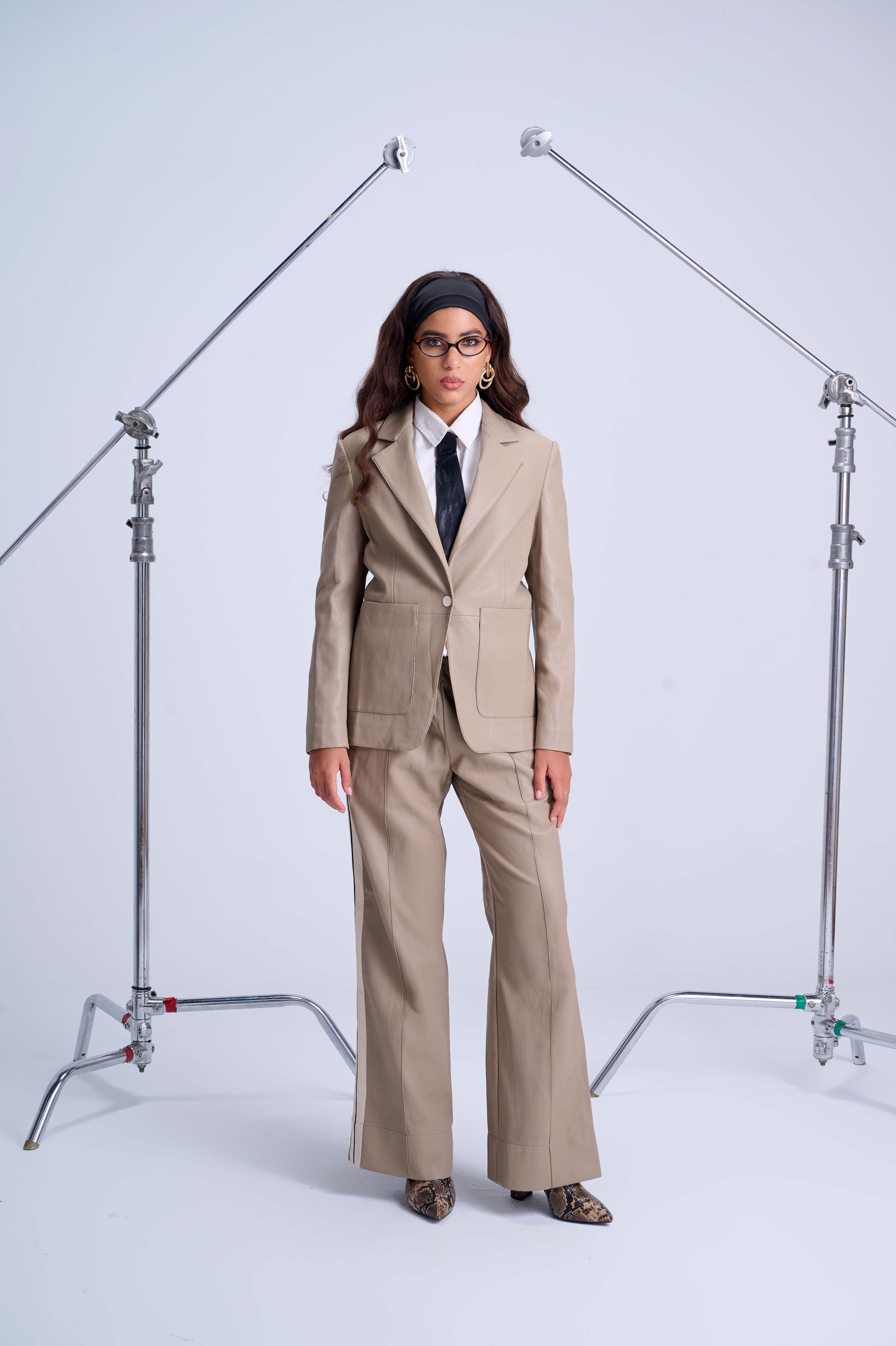 Perfect Suit Pants — Straight-Leg Vegan Leather with Side Stripes in Mocha