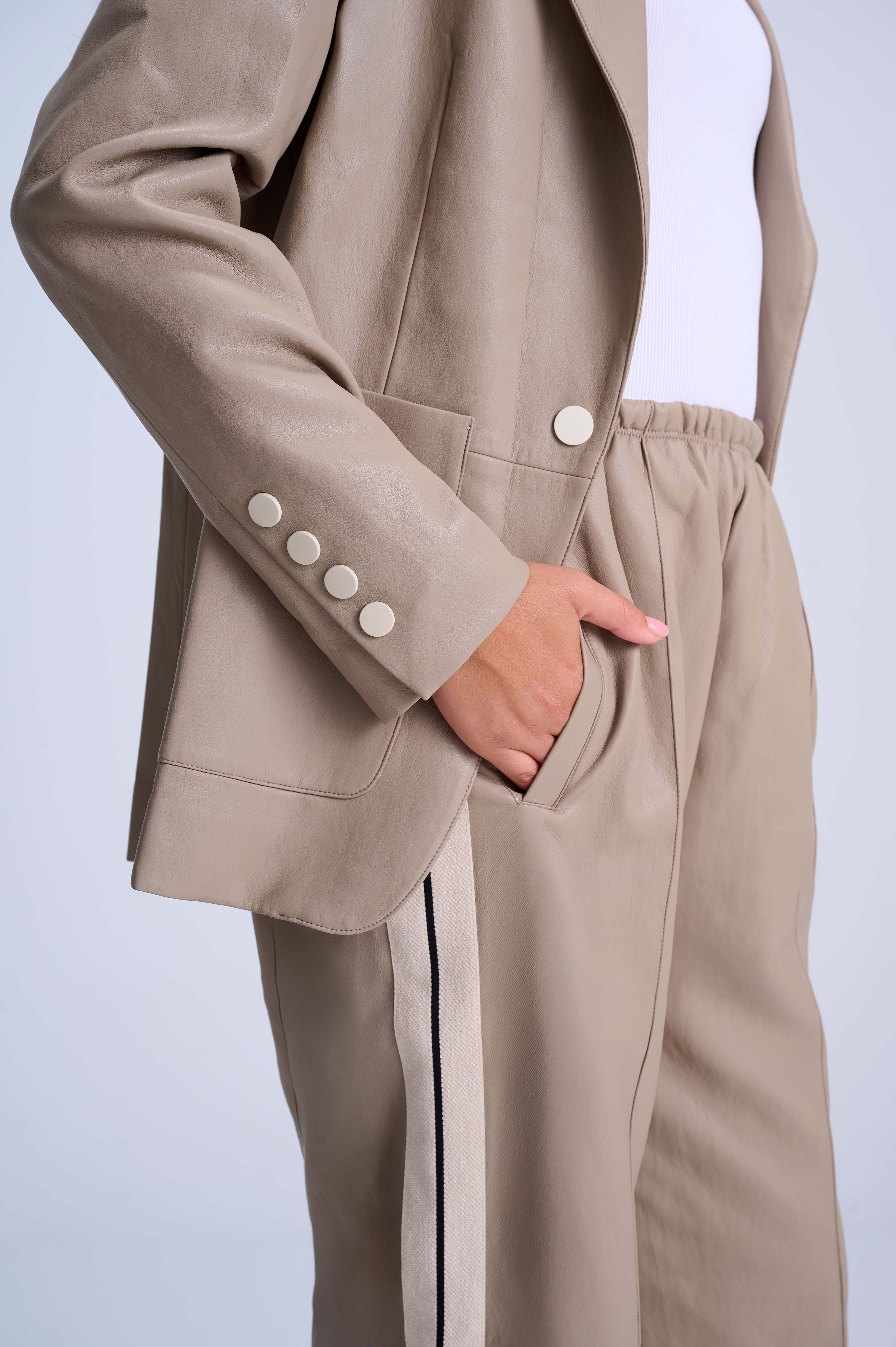 Perfect Suit Pants — Straight-Leg Vegan Leather with Side Stripes in Mocha