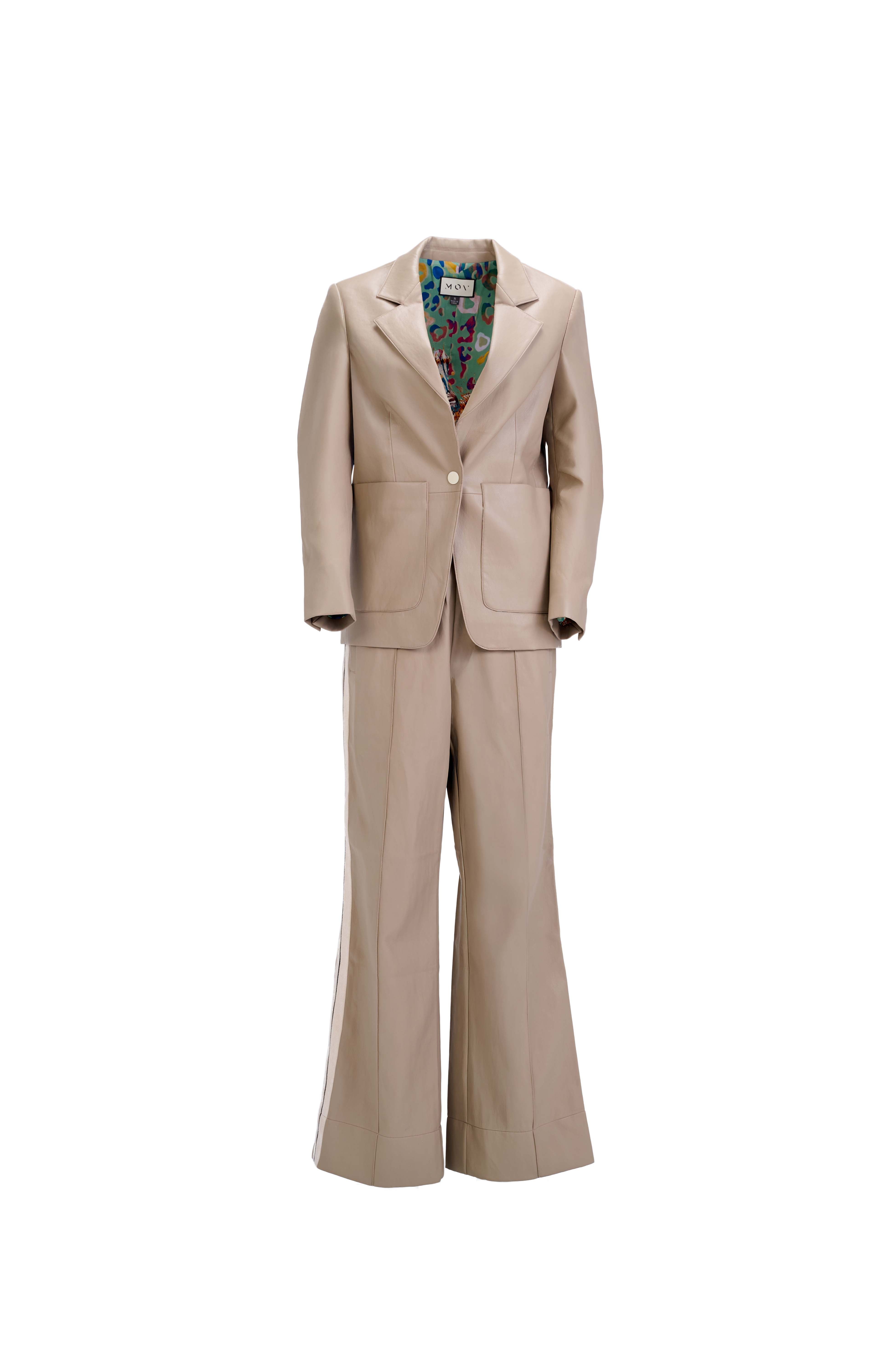 Perfect Suit Pants — Straight-Leg Vegan Leather with Side Stripes in Mocha