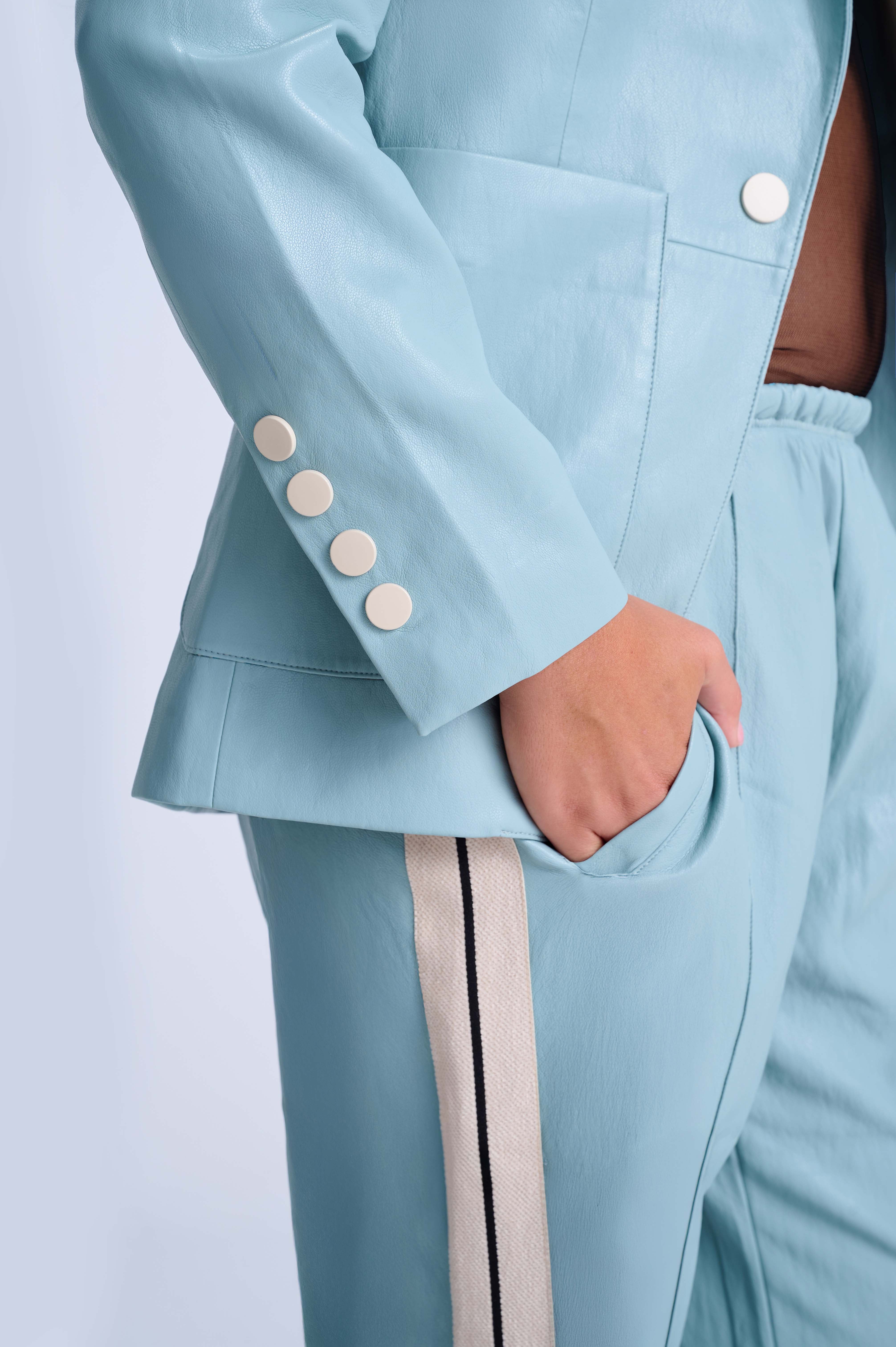 Perfect Suit Pants — Straight-Leg Vegan Leather with Side Stripes in Retro Blue