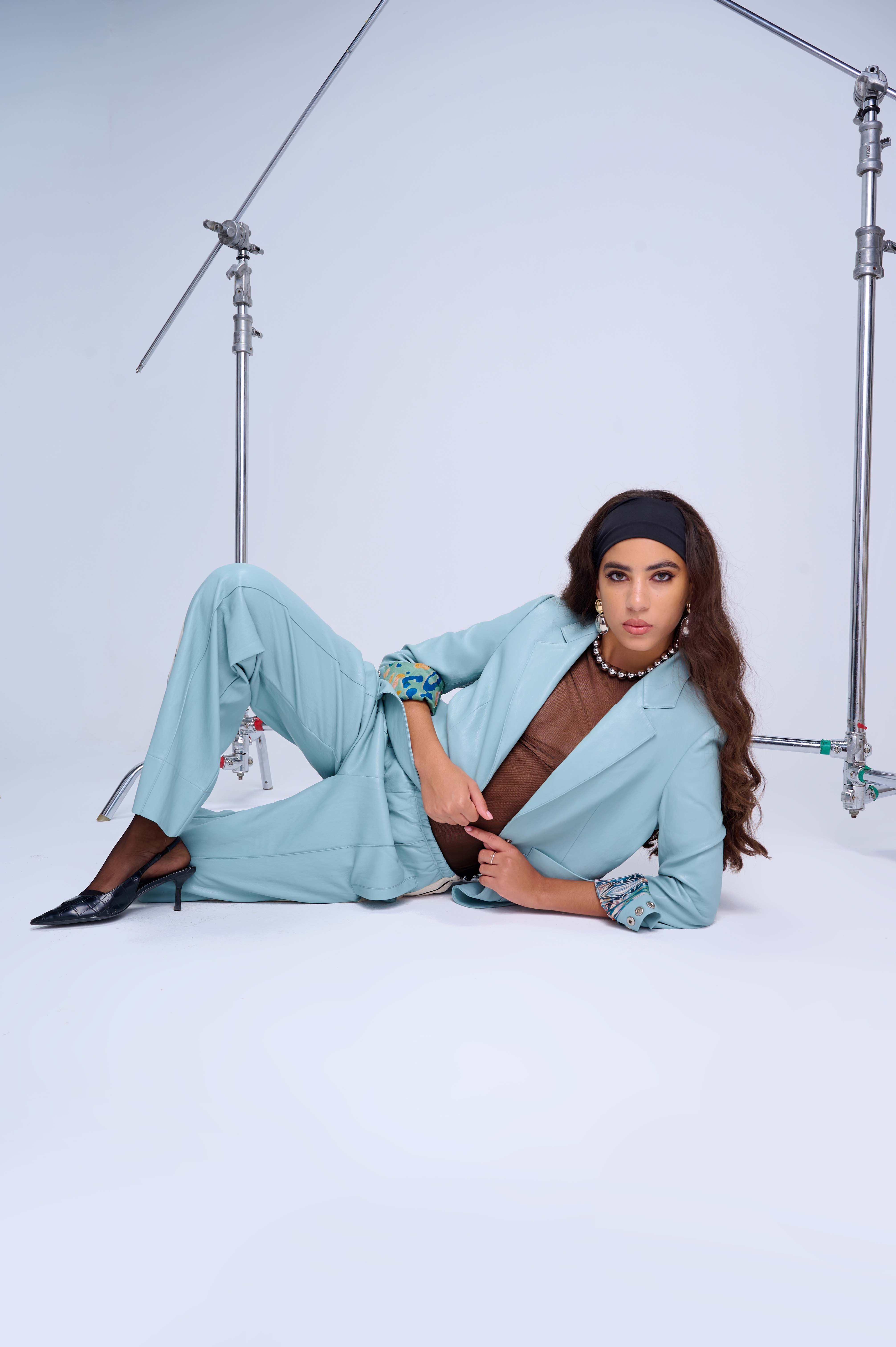 Perfect Suit Pants — Straight-Leg Vegan Leather with Side Stripes in Retro Blue