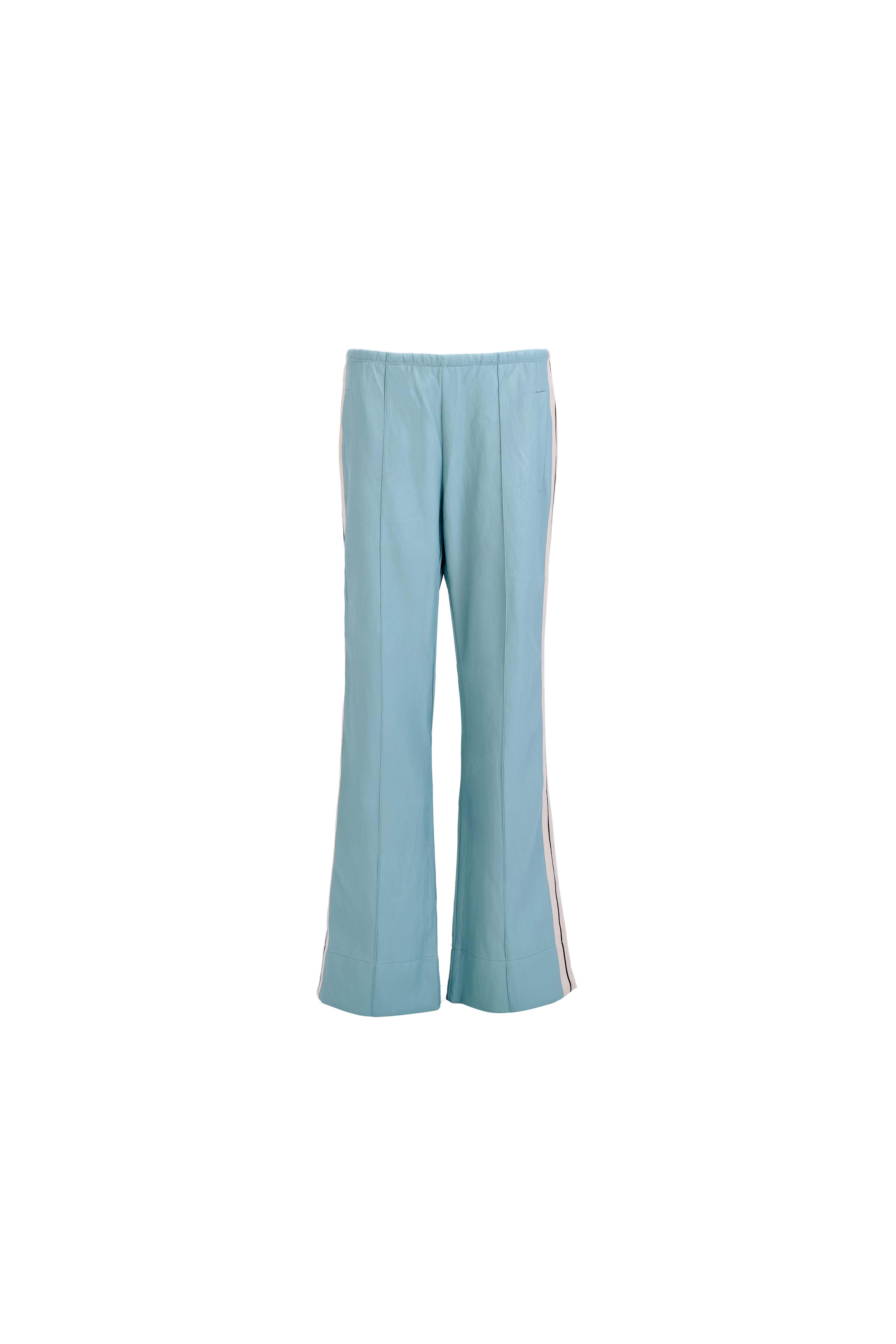Perfect Suit Pants — Straight-Leg Vegan Leather with Side Stripes in Retro Blue