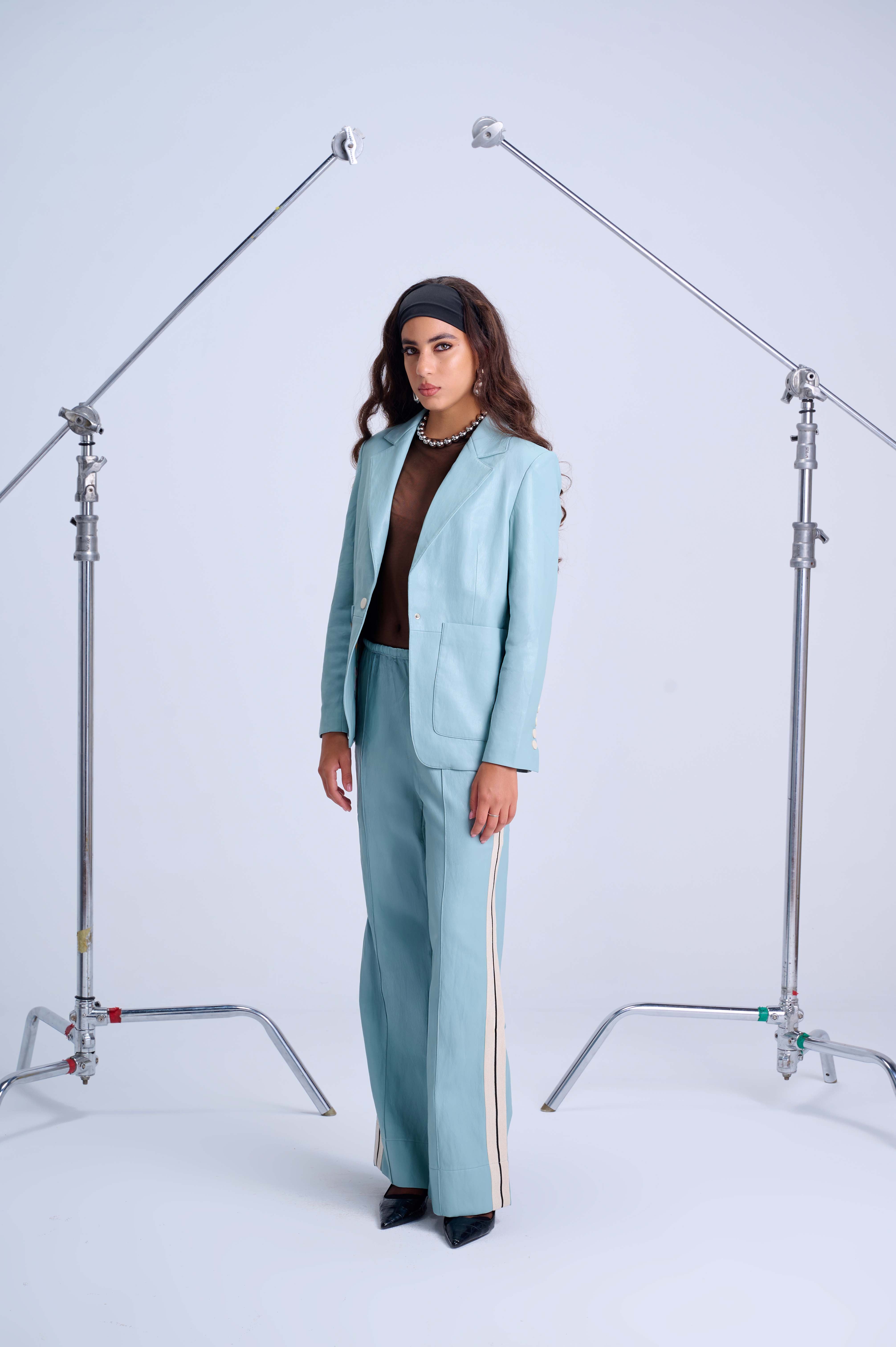 The Perfect Suit Blazer — Tailored Vegan Leather in Retro Blue