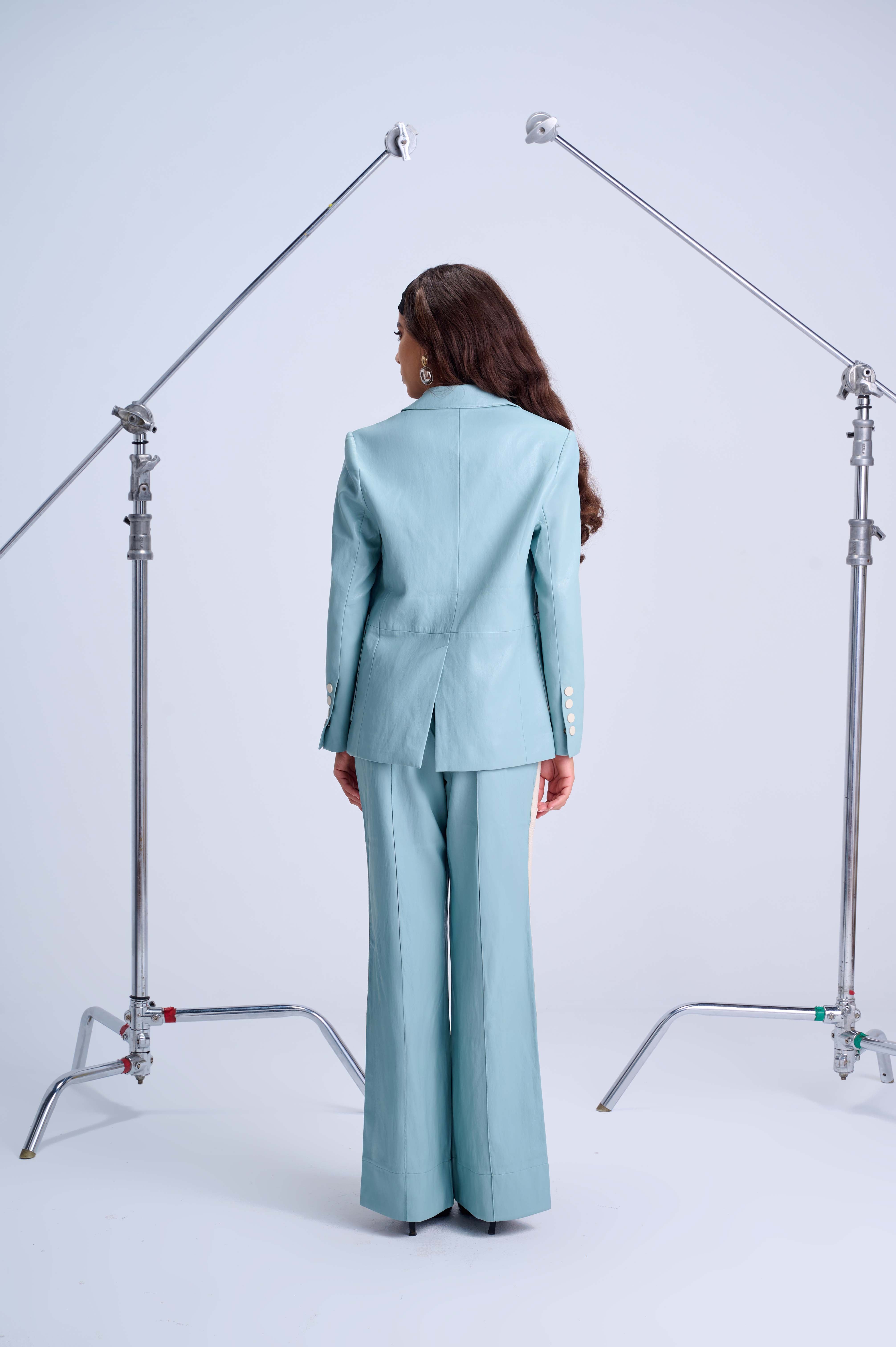 The Perfect Suit Blazer — Tailored Vegan Leather in Retro Blue