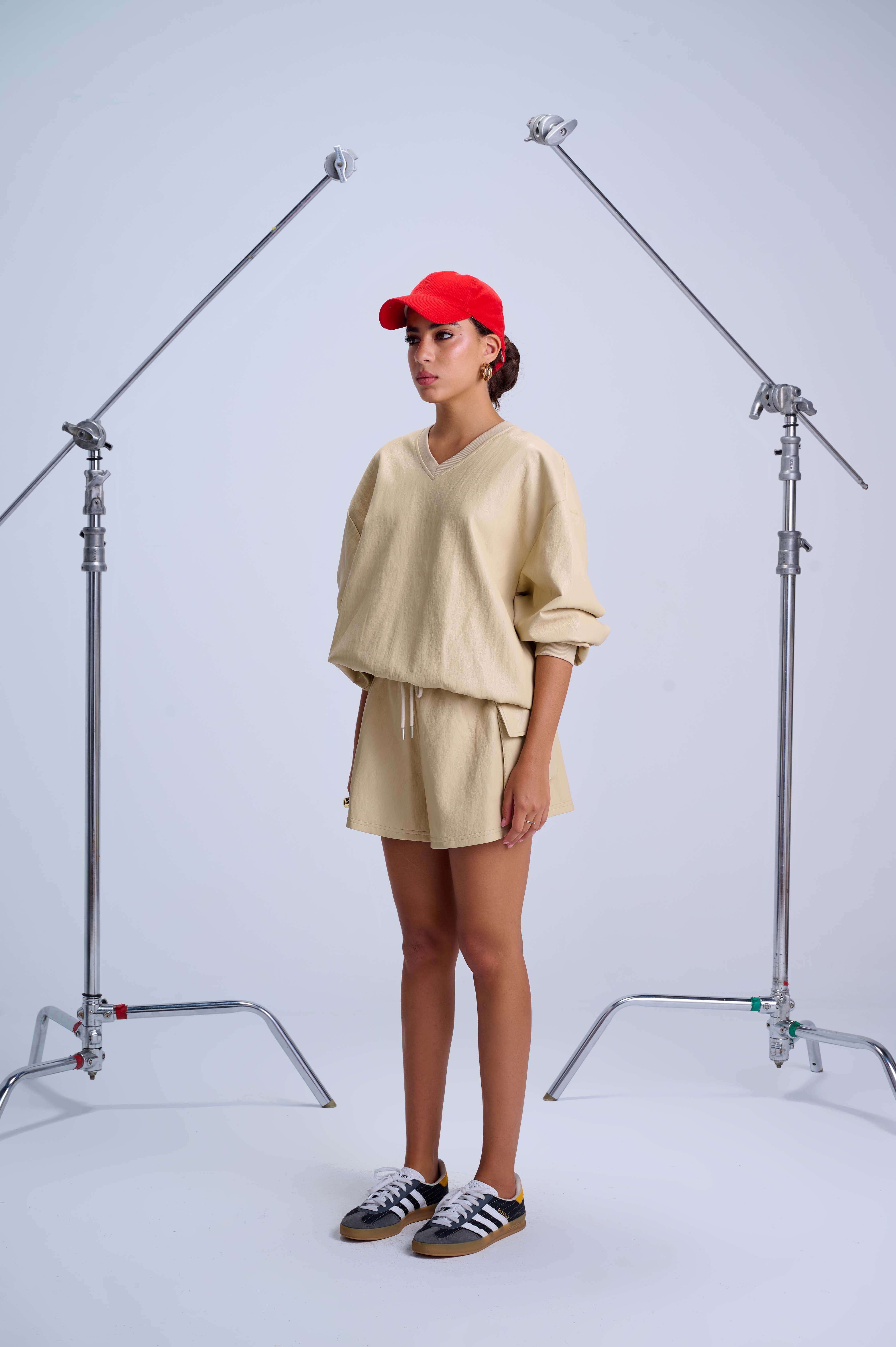 V-Neck Sweatshirt — Ivory Unlined Vegan Leather with Relaxed Silhouette