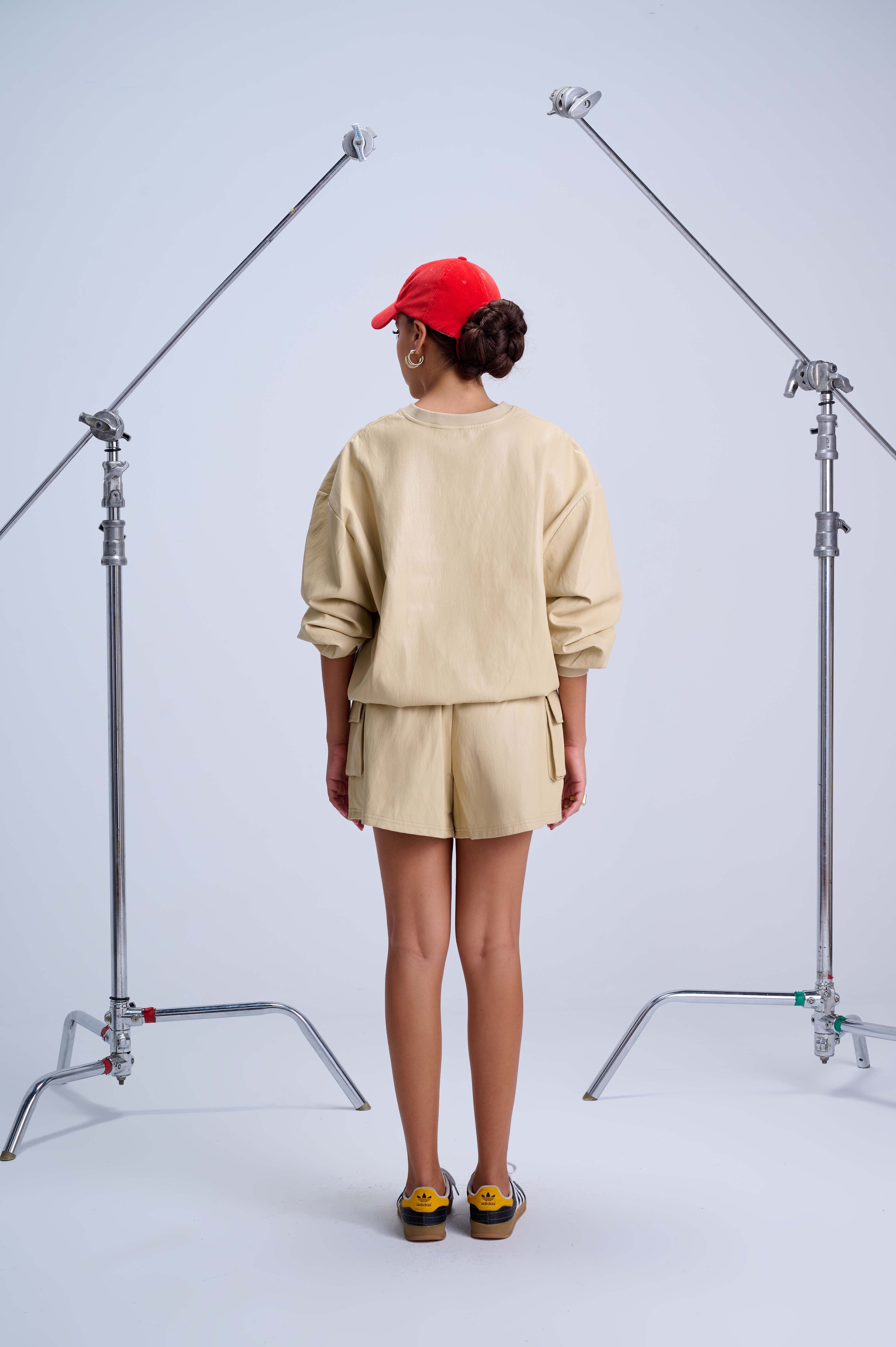 V-Neck Sweatshirt — Ivory Unlined Vegan Leather with Relaxed Silhouette