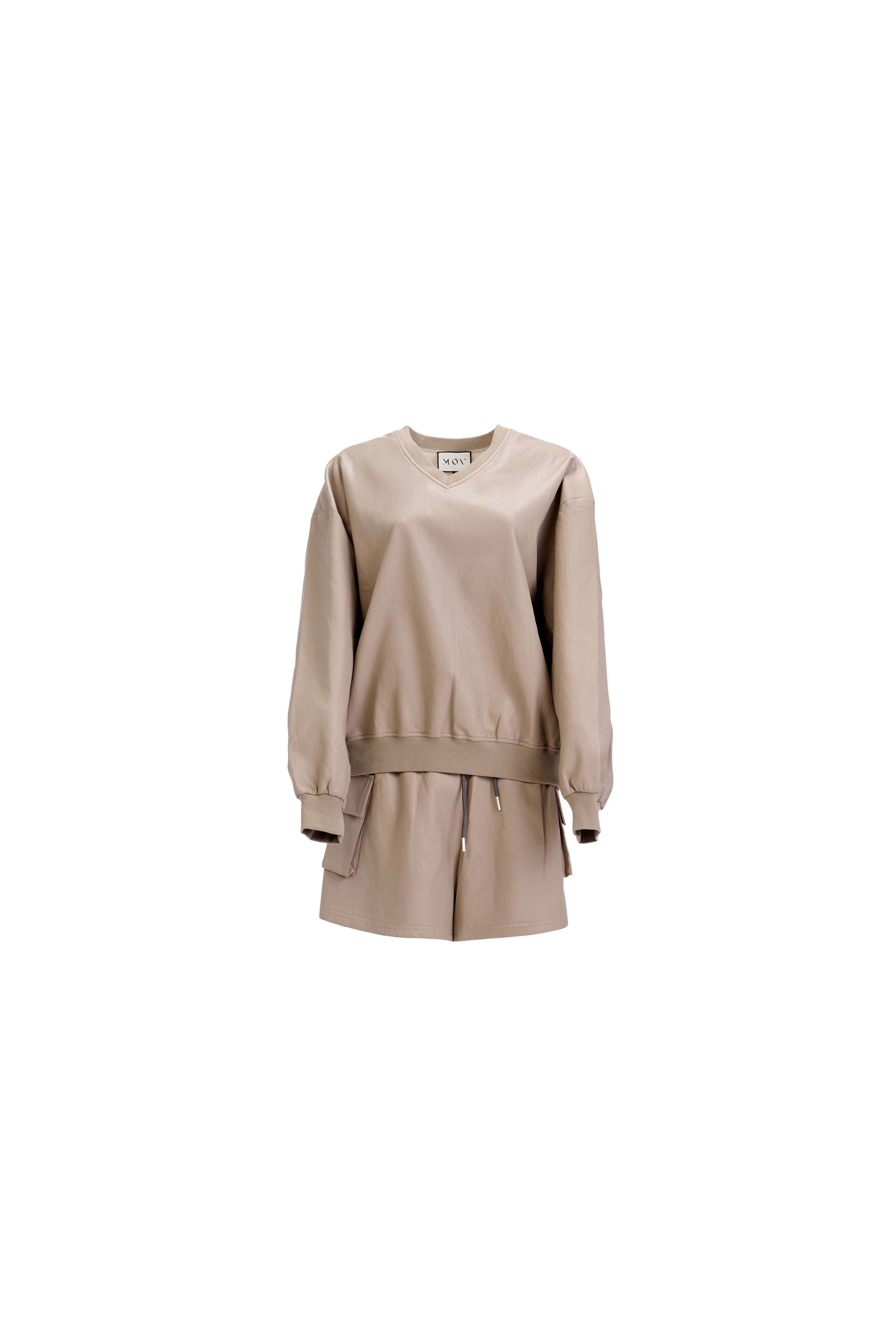V-Neck Sweatshirt — Mocha Unlined Vegan Leather with Relaxed Silhouette