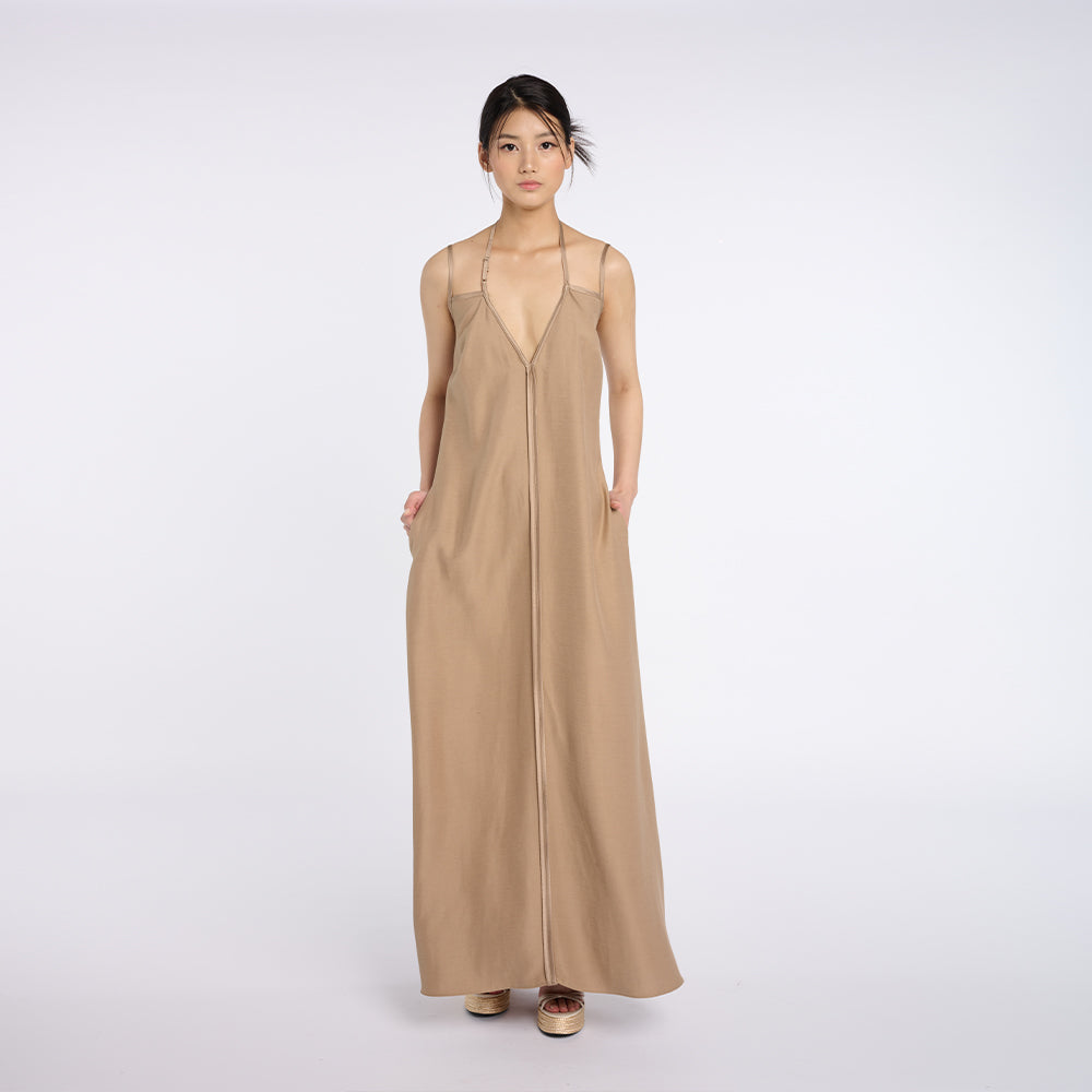 Elegant Beige Maxi Dress with Thin Straps