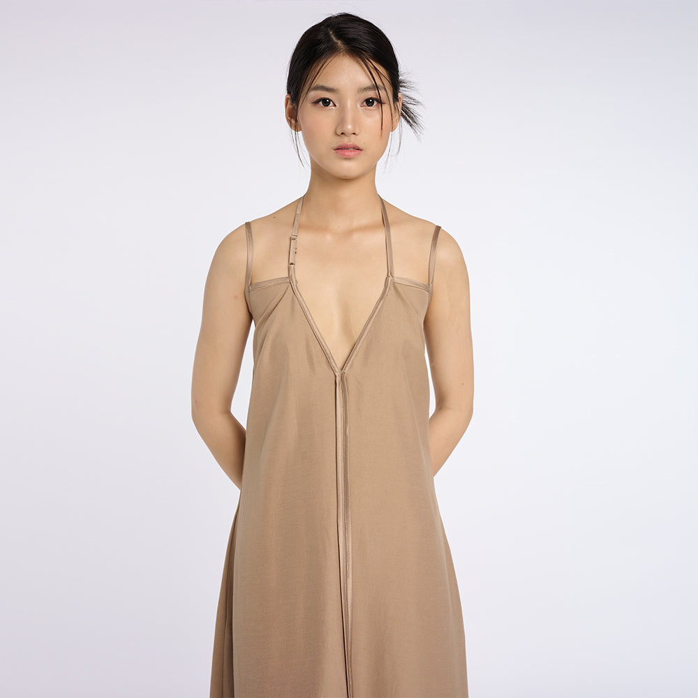 Elegant Beige Maxi Dress with Thin Straps