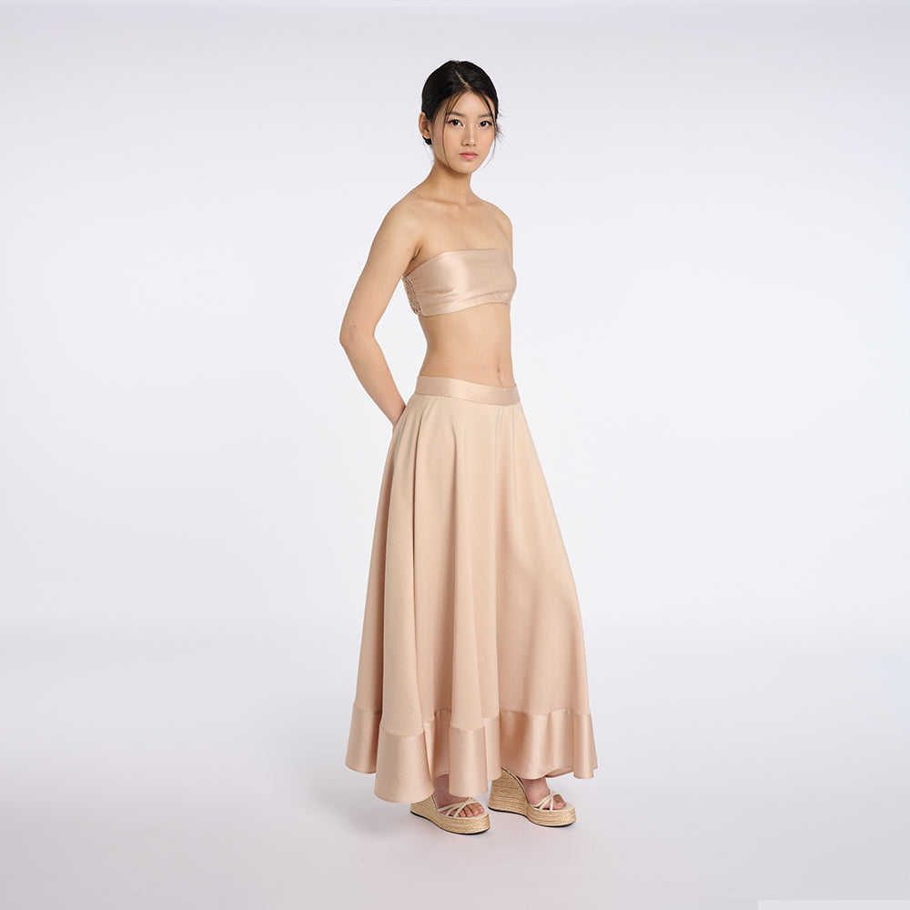 Elegant Beige Strapless Top and Ruffled Skirt Set