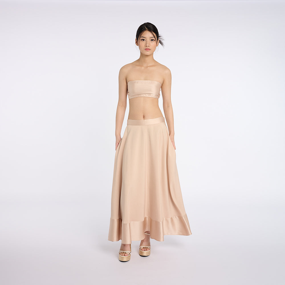 Elegant Beige Strapless Top and Ruffled Skirt Set