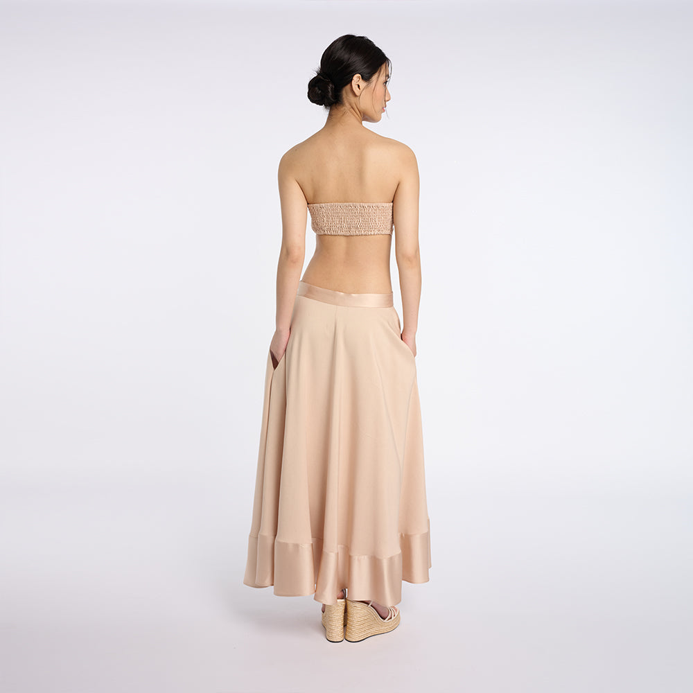 Elegant Beige Strapless Top and Ruffled Skirt Set