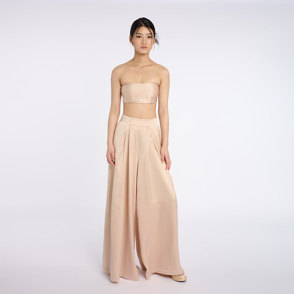 Chic Beige Strapless Top and Wide-Leg Pants Set