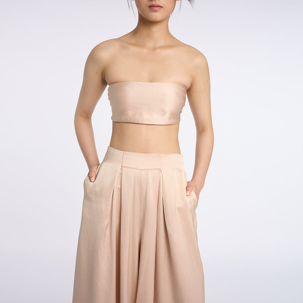 Chic Beige Strapless Top and Wide-Leg Pants Set