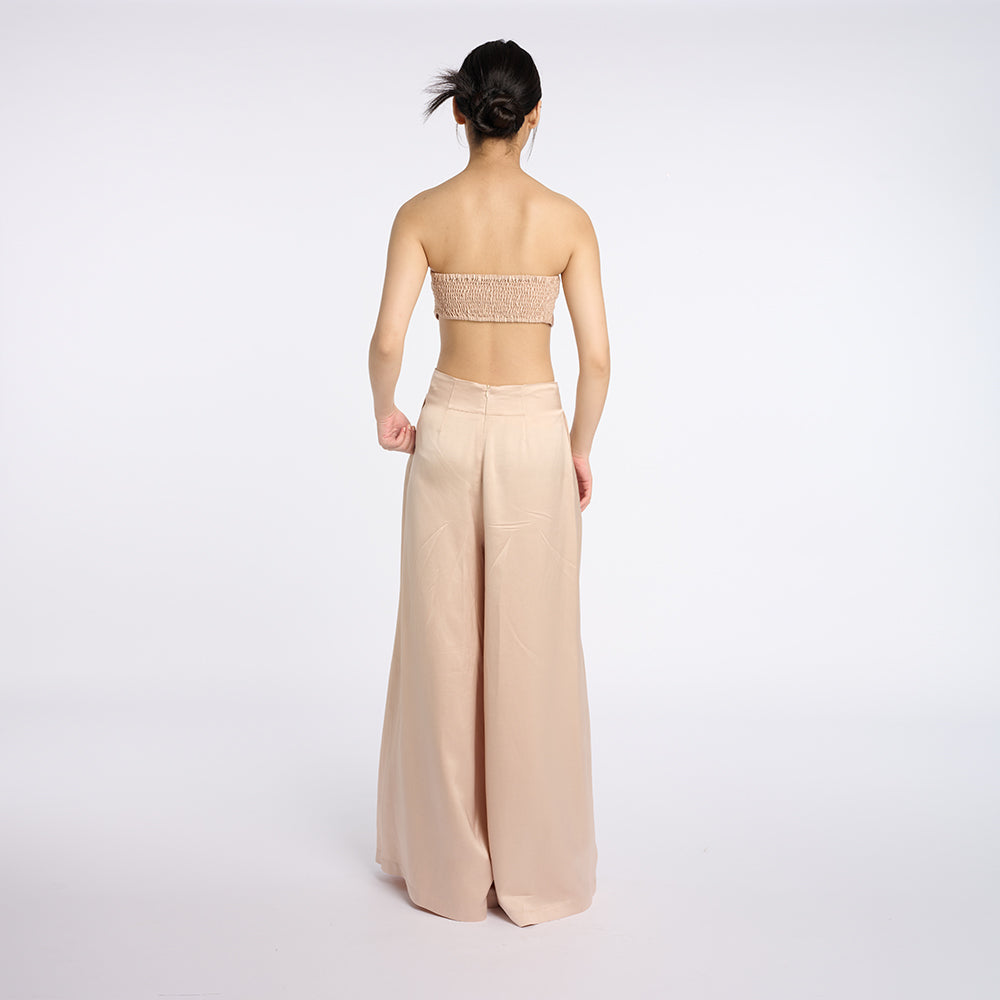 Chic Beige Strapless Top and Wide-Leg Pants Set