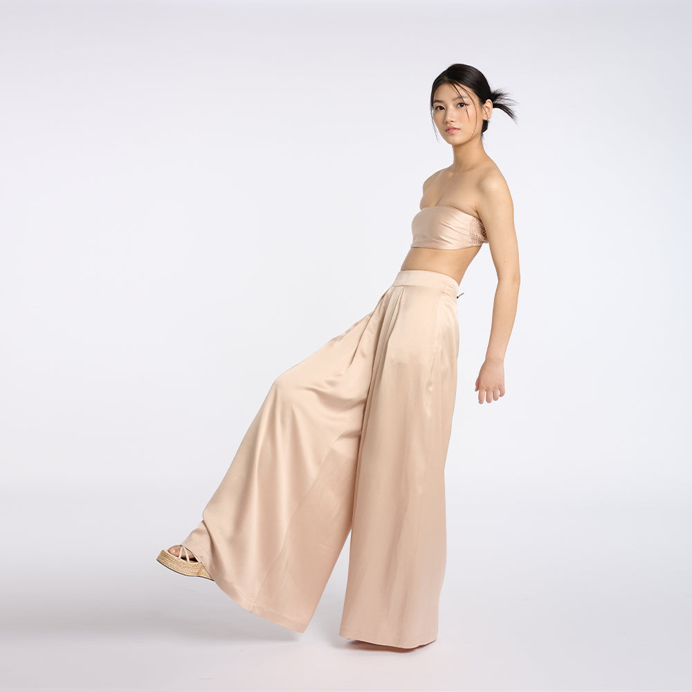 Chic Beige Strapless Top and Wide-Leg Pants Set