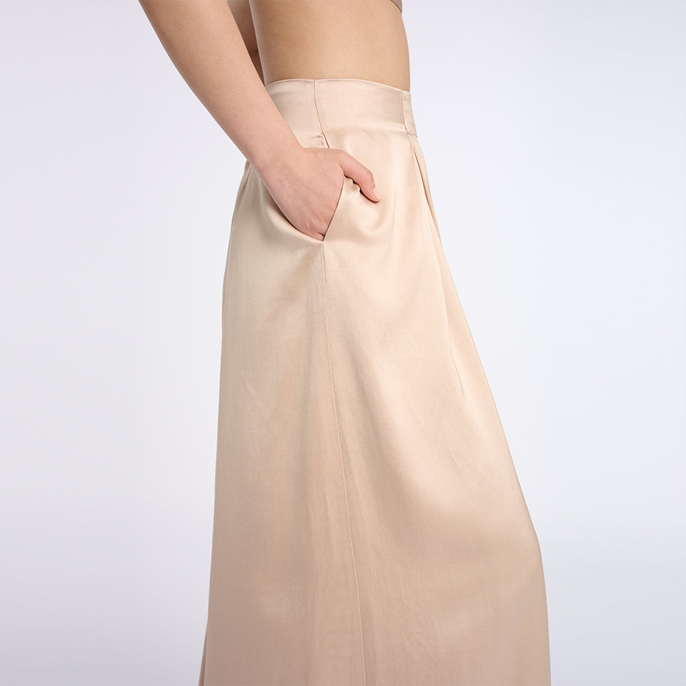 Chic Beige Strapless Top and Wide-Leg Pants Set