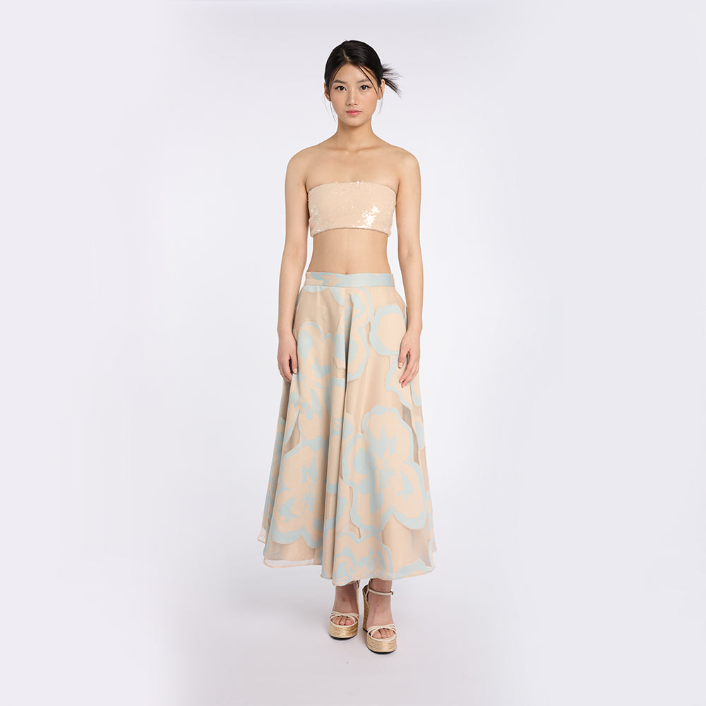 Chic Strapless Sequin Top and Floral Skirt Set