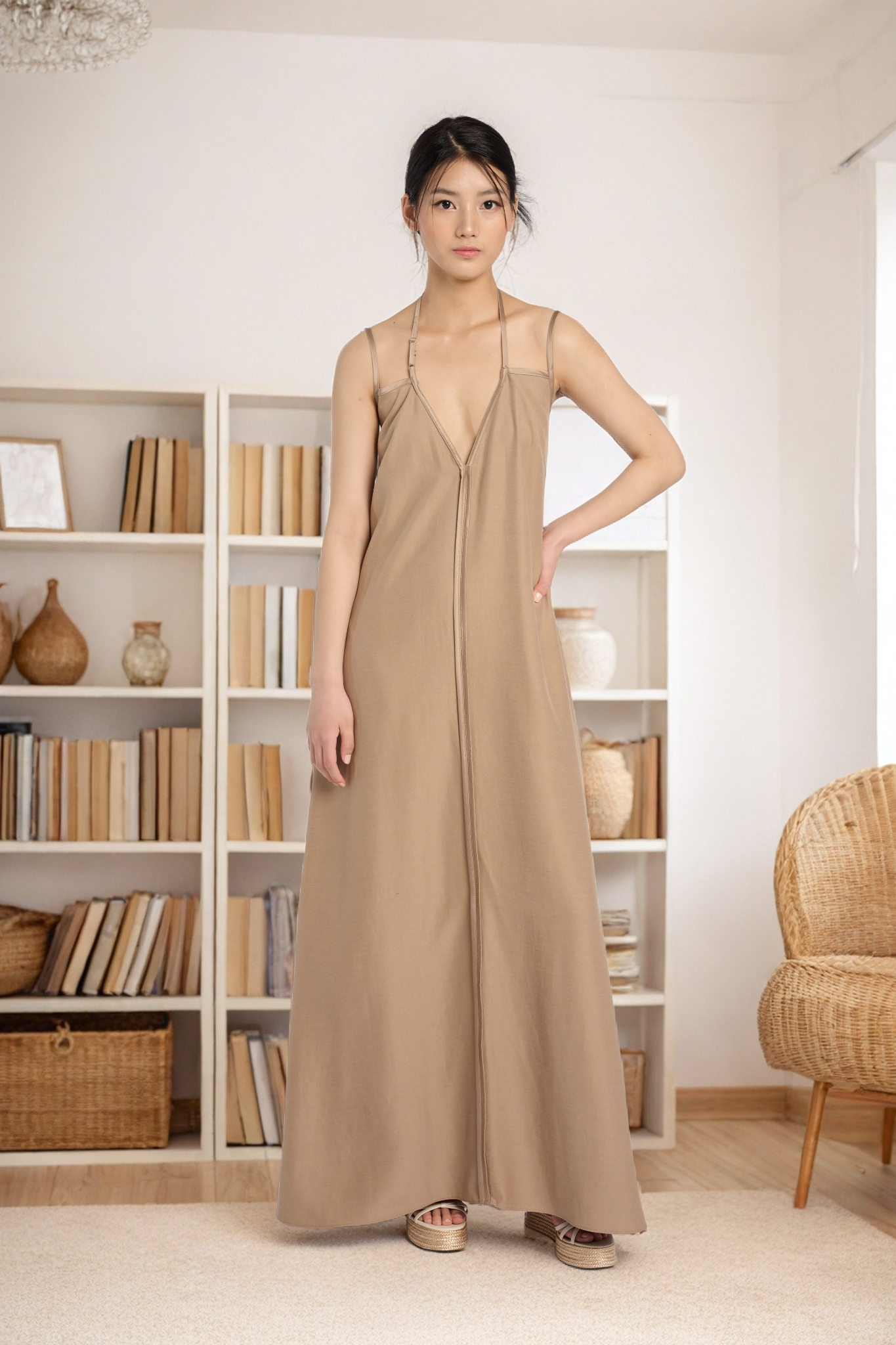 Elegant Beige Maxi Dress with Thin Straps