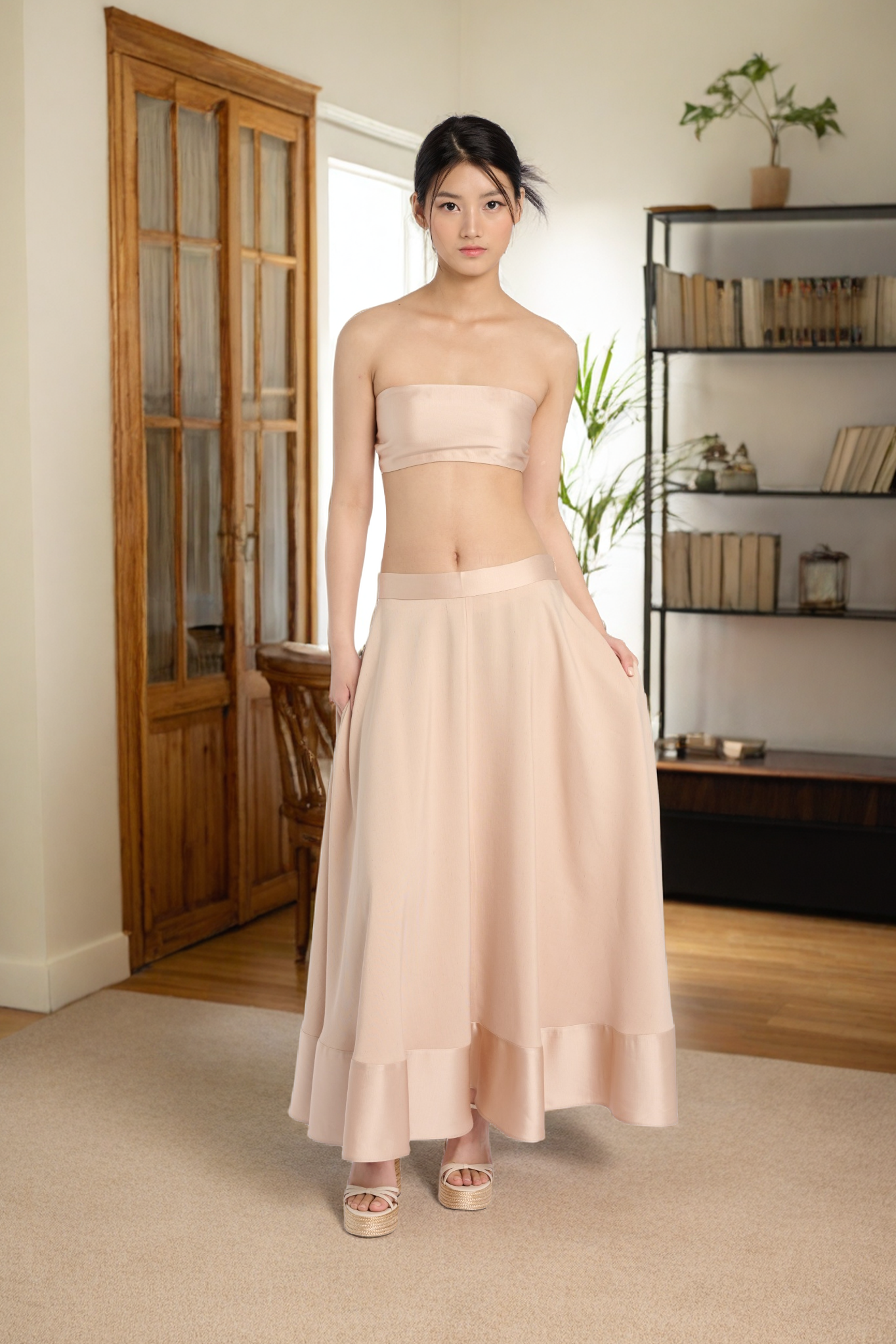 Elegant Beige Strapless Top and Ruffled Skirt Set