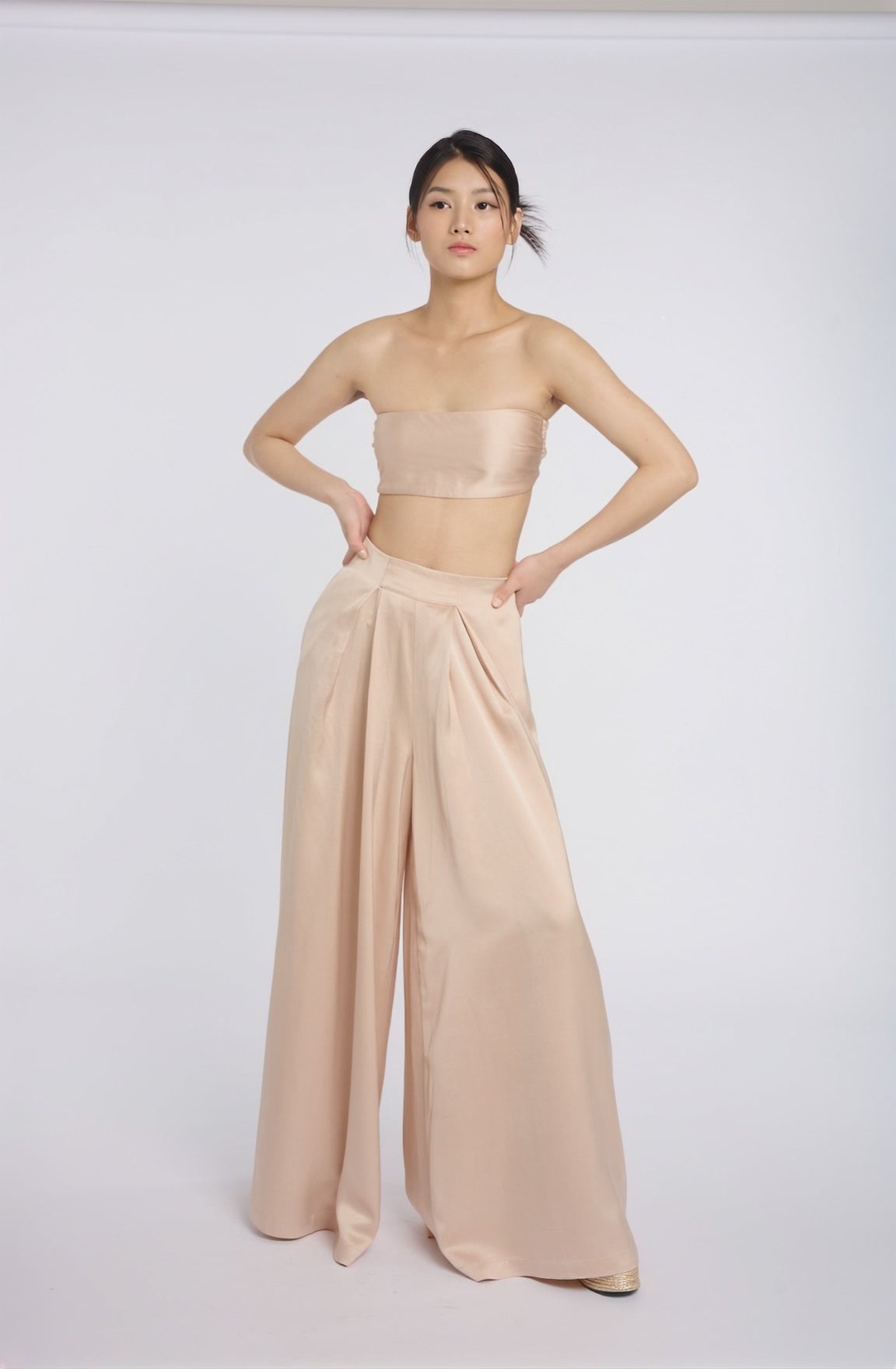 Chic Beige Strapless Top and Wide-Leg Pants Set