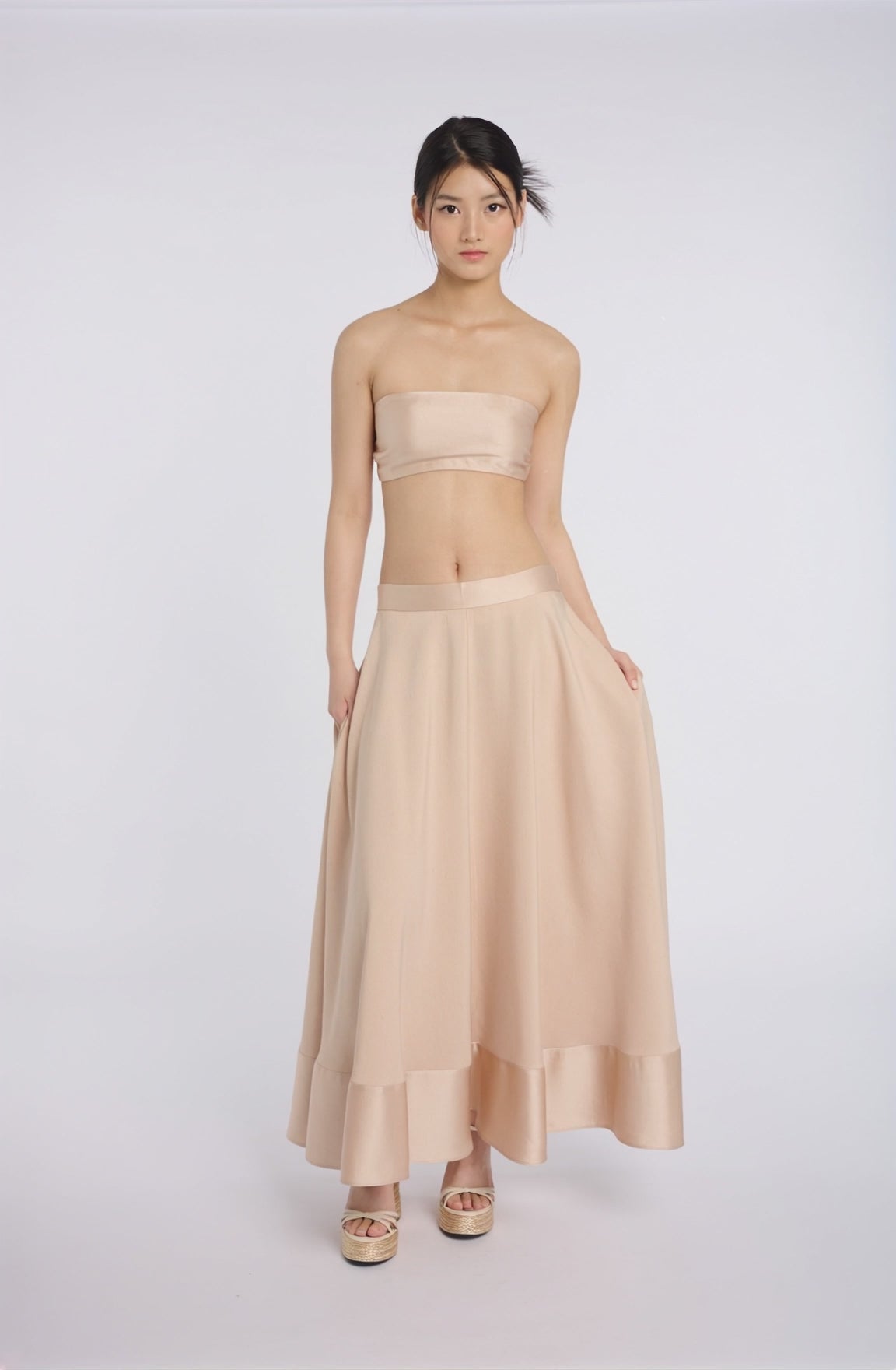 Elegant Beige Strapless Top and Ruffled Skirt Set