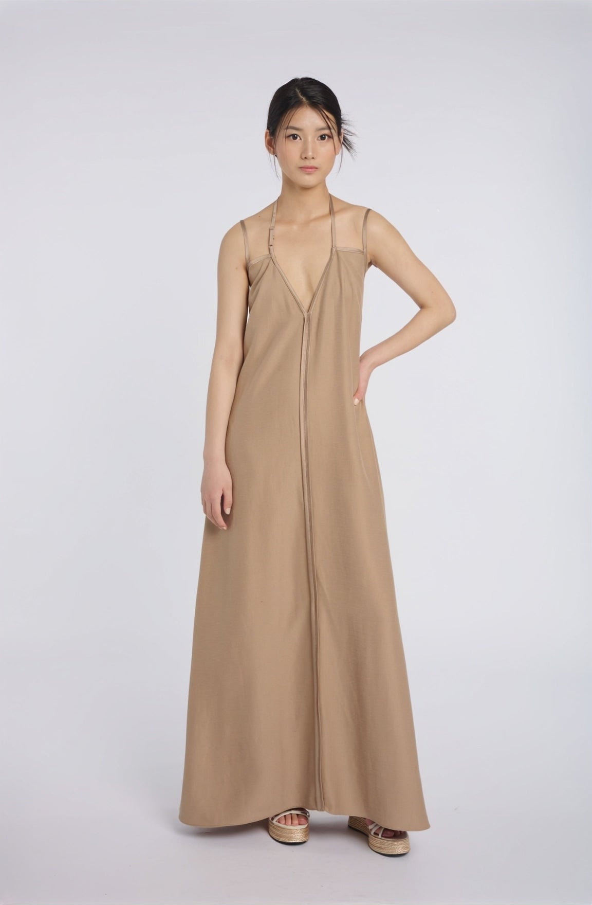 Elegant Beige Maxi Dress with Thin Straps