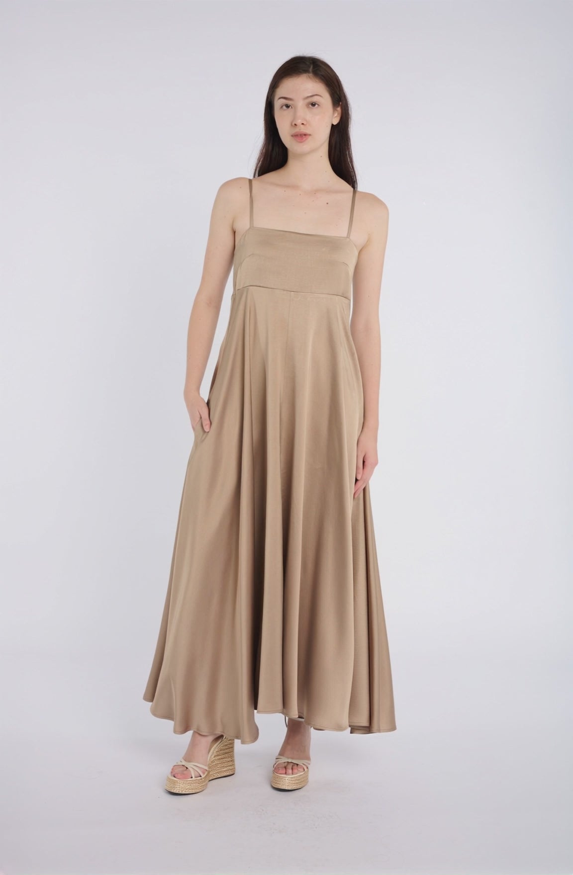 Elegant Beige Maxi Dress with Thin Straps