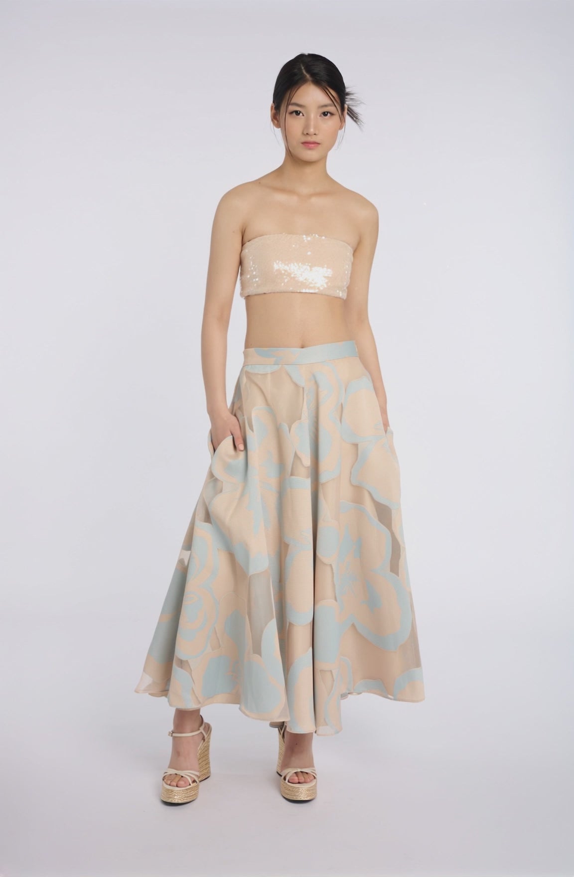 Chic Strapless Sequin Top and Floral Skirt Set