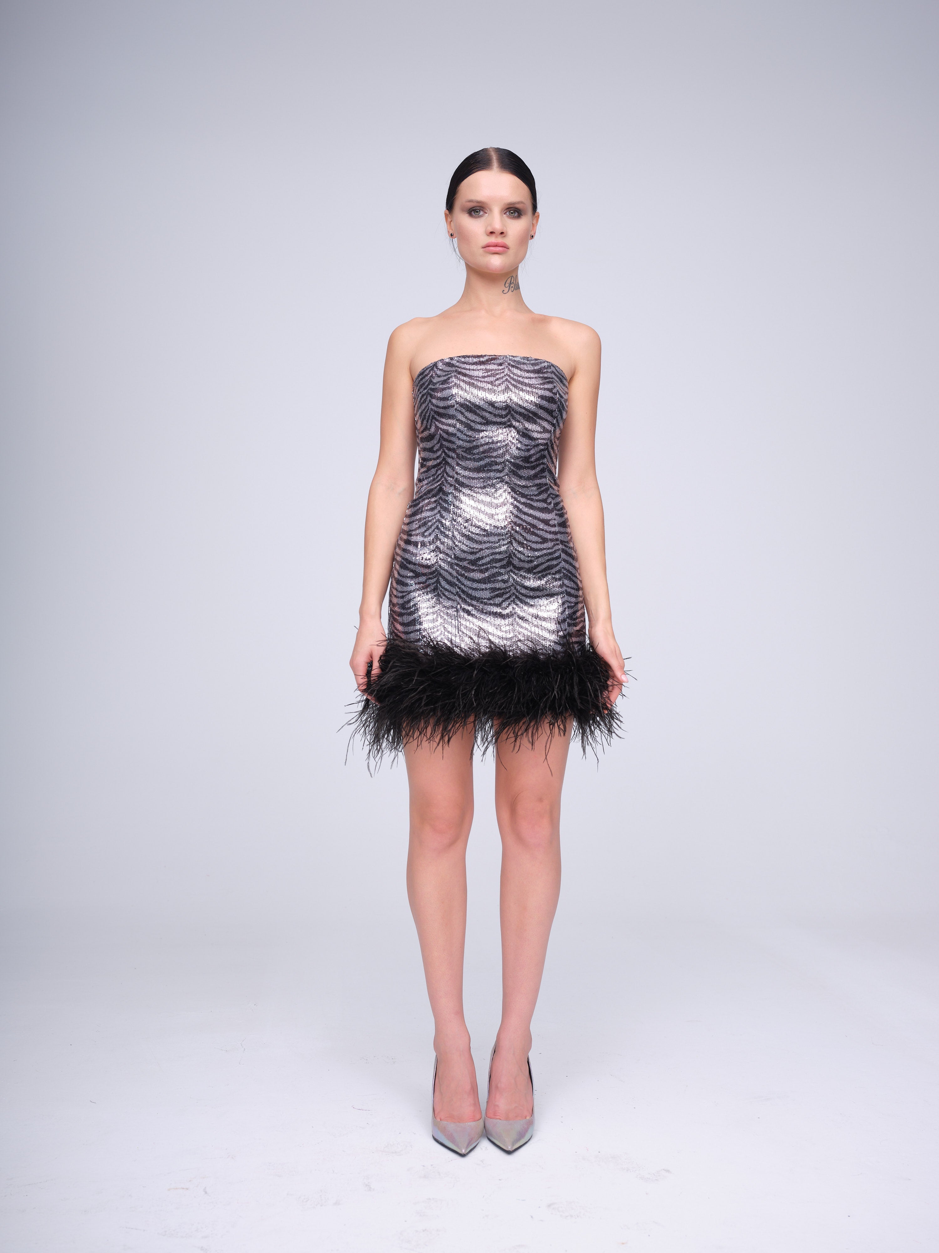 Sequin Strapless Mini Dress with Feather Hem