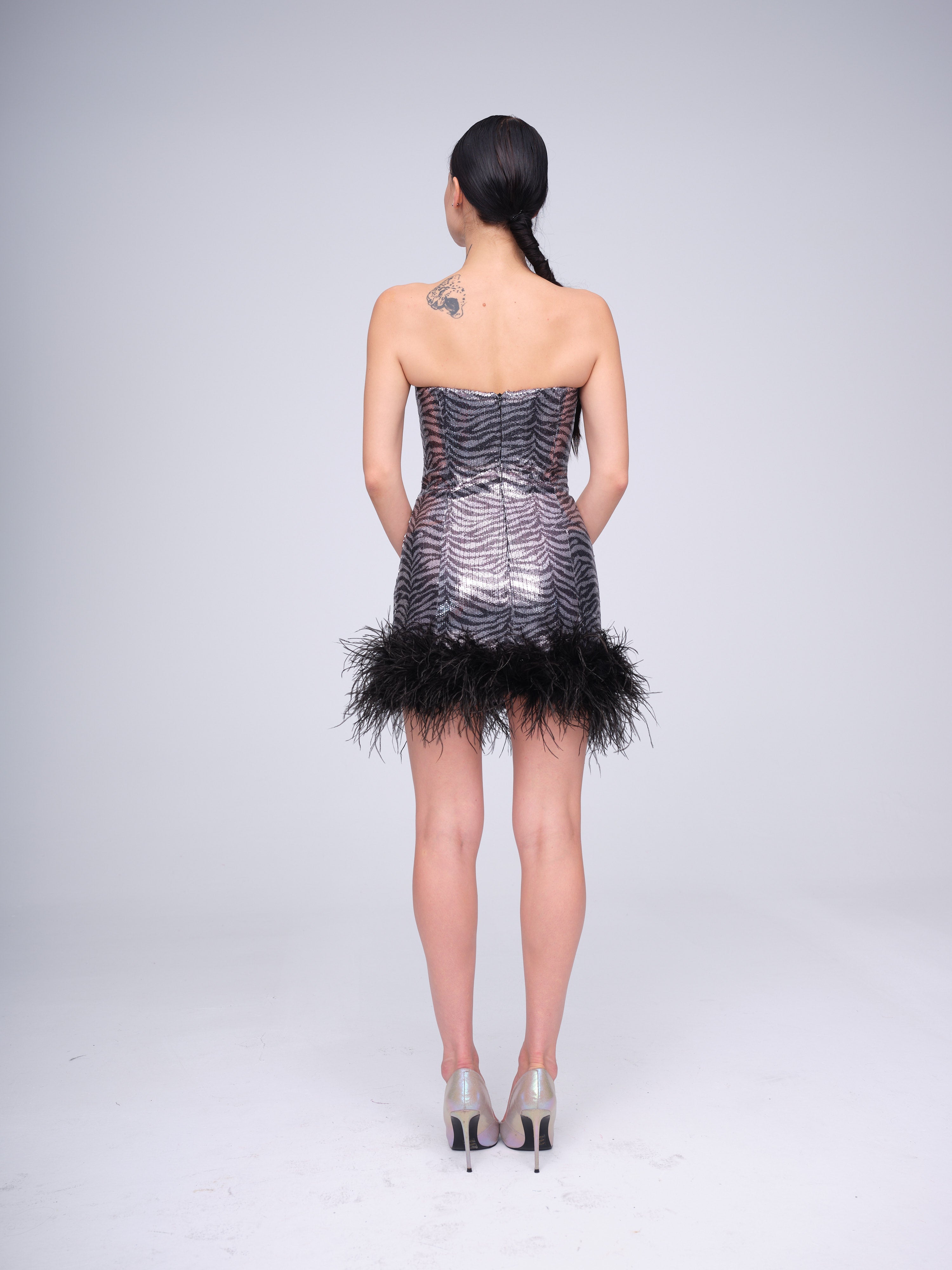 Sequin Strapless Mini Dress with Feather Hem