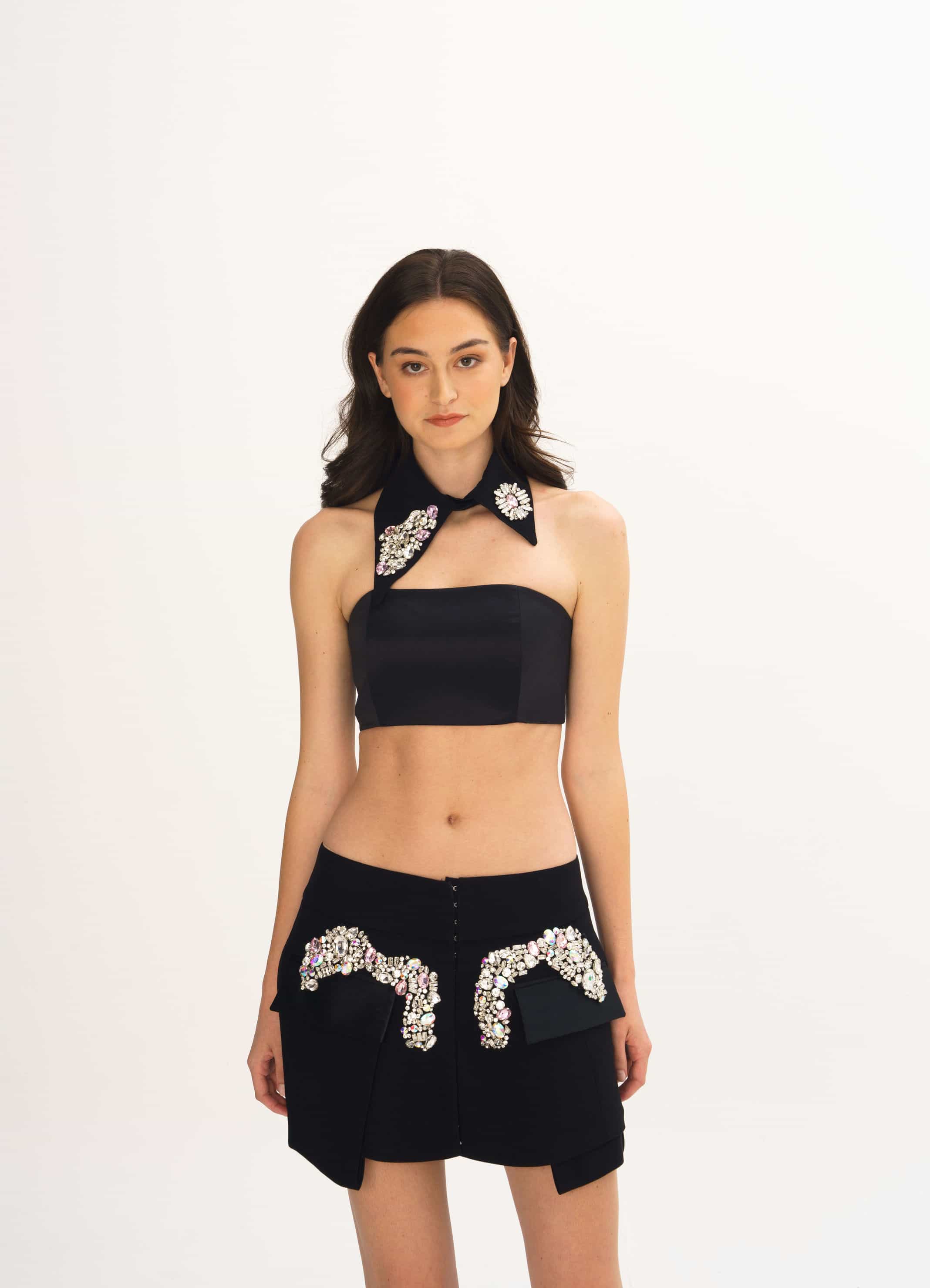 Embellished Crystal Collar Crop Top and Over Skirt Set