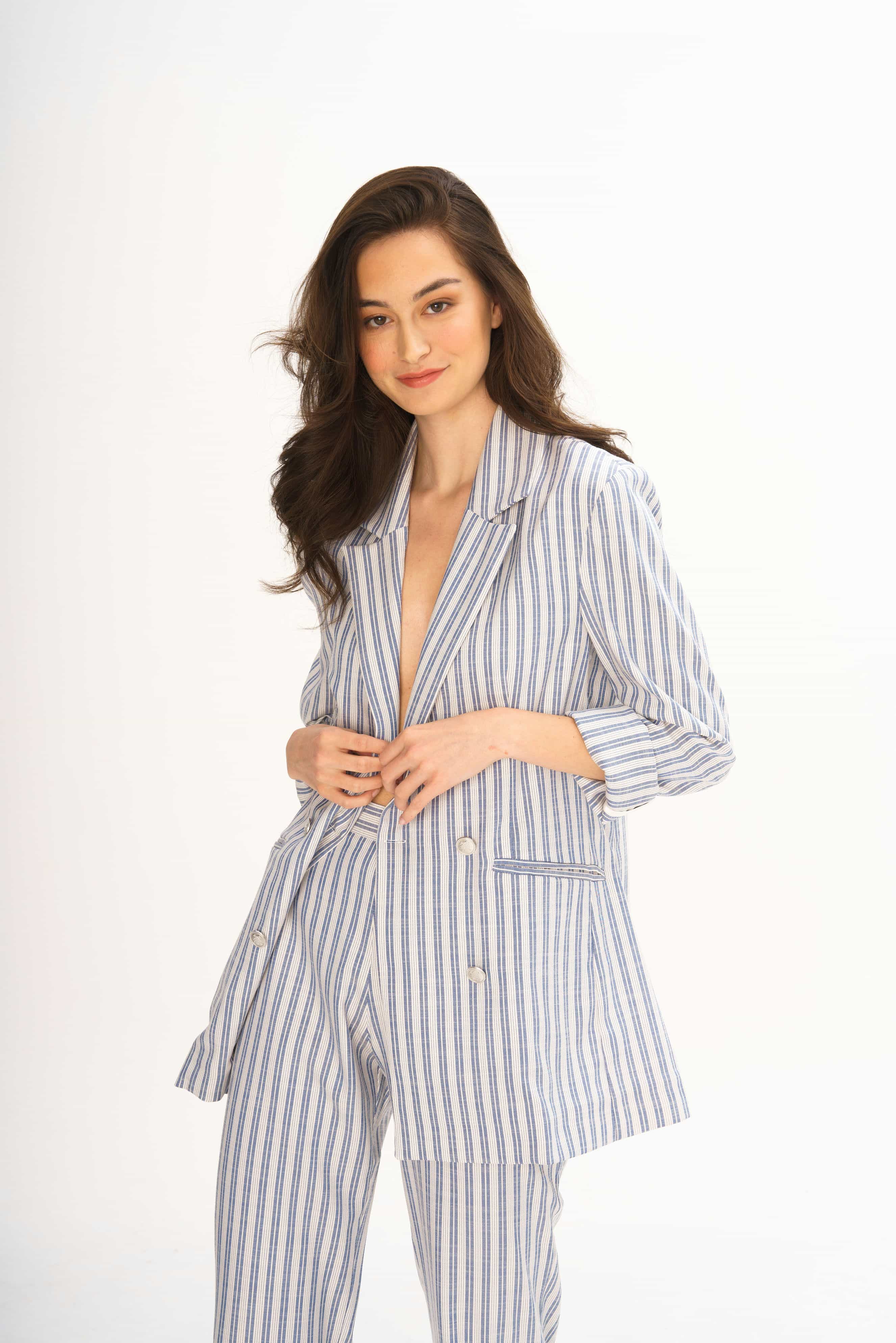 Striped Linen Suit. Blazer With Flared Pants - Blue