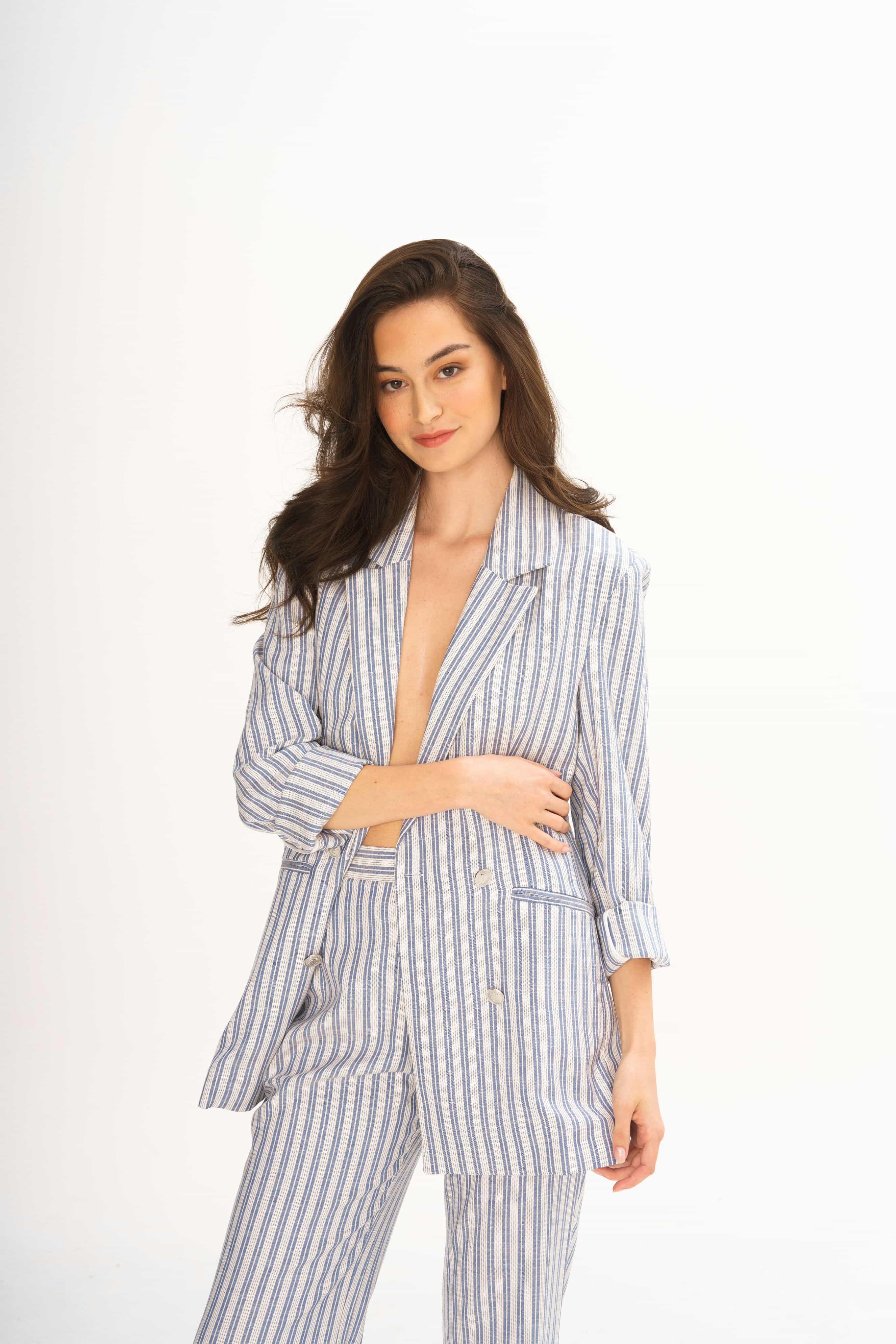 Striped Linen Suit. Blazer With Flared Pants - Blue